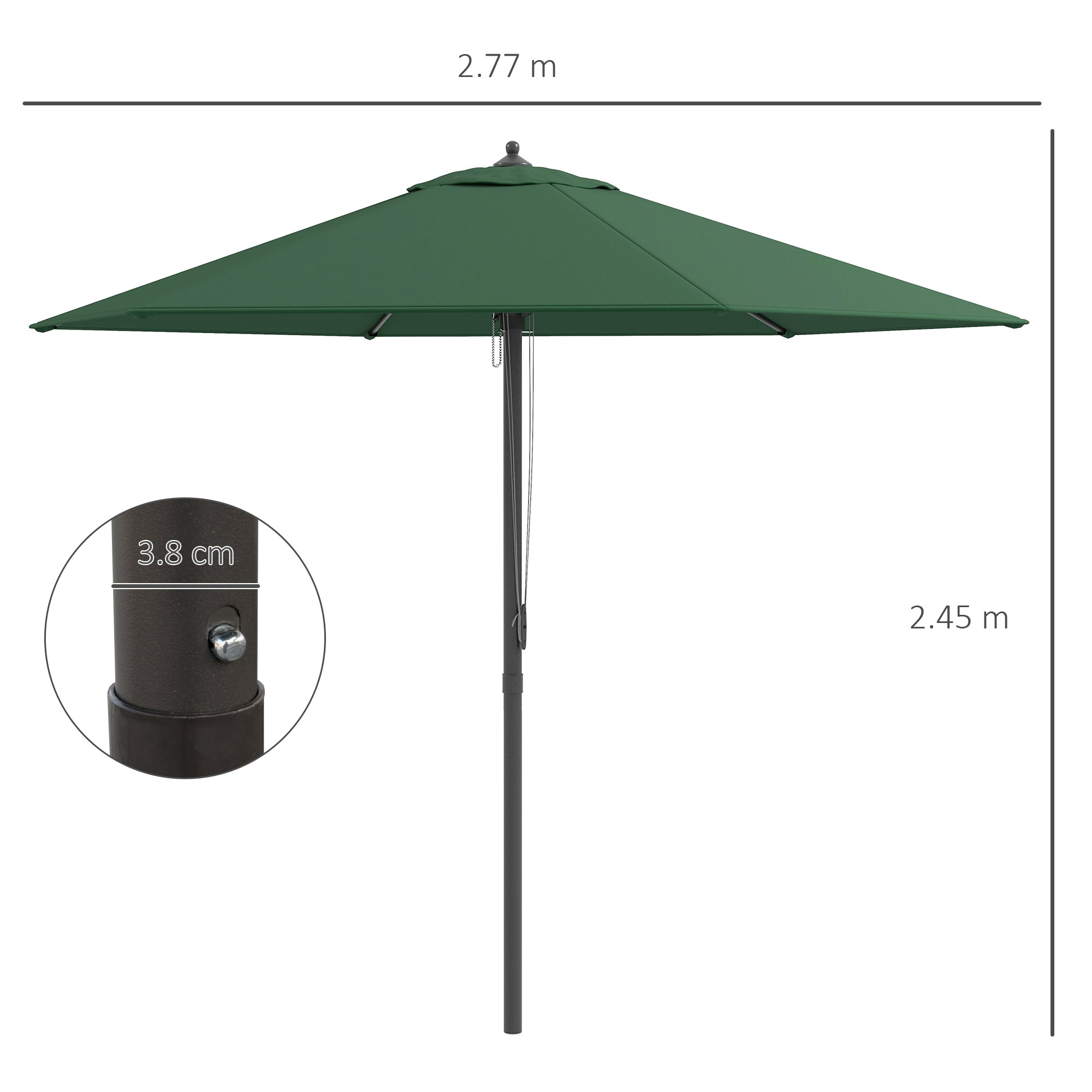 Garden Parasol Umbrella, 2.8m Round Market Sun Shade Canopy, Green