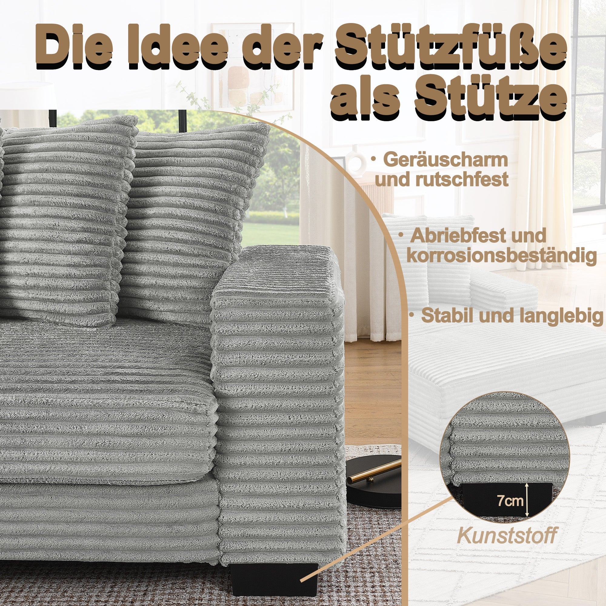 L-shaped Corner Sofa 4-Seater Modular Corduroy with 6 Cushions - Gray