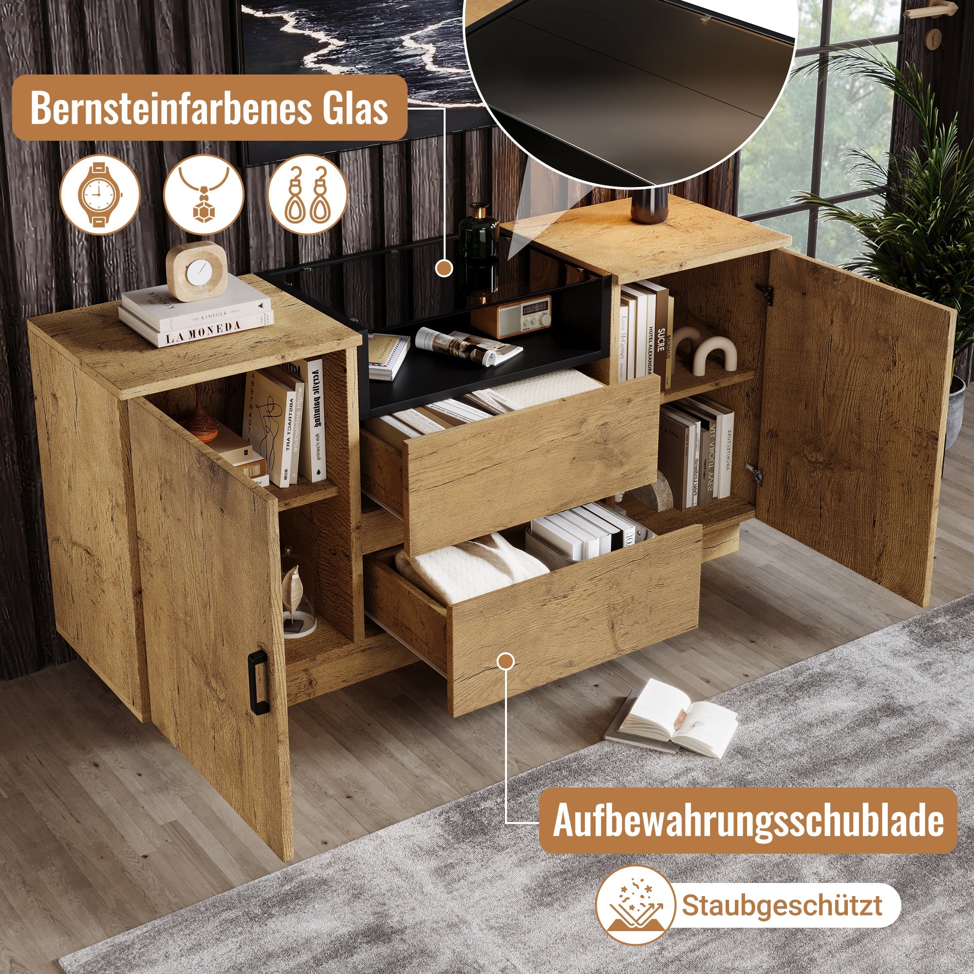 Chest of Drawers Sideboard, 2 Drawers, 2 Cabinets, Open Compartment, Oak-look with Black Handles