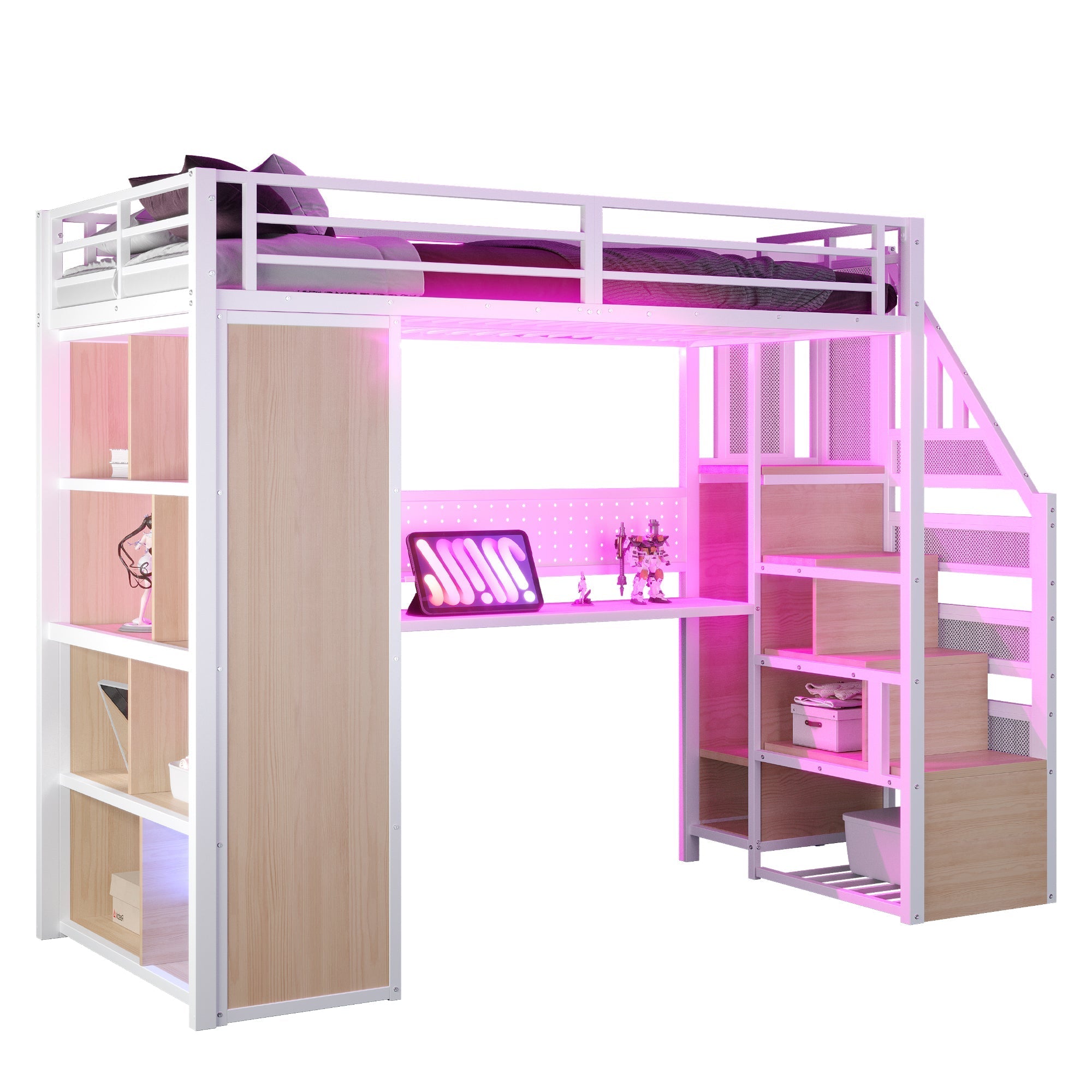 Metal Loft Bed with Desk, Wardrobe and LED Lighting, 90 x 200 cm, White