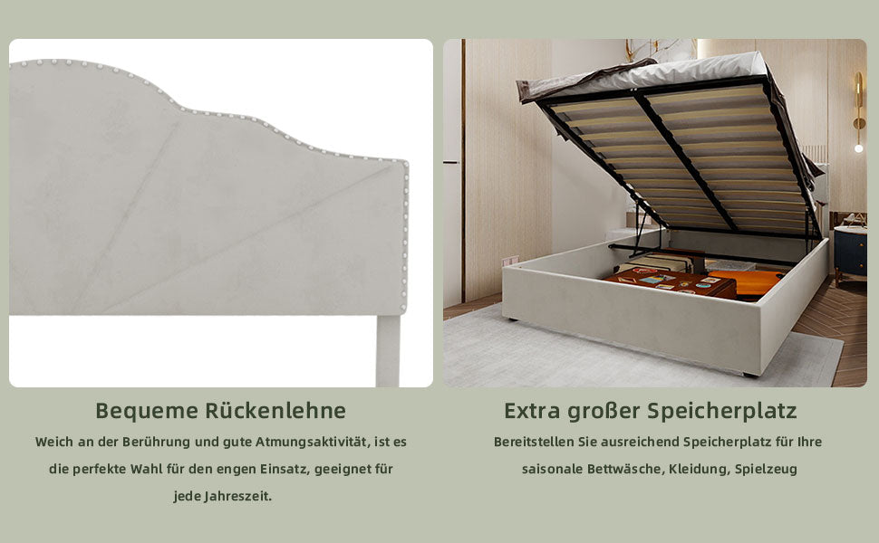 Modern Minimalist Soft Bed, Headboard with Hydraulic Rod, 140x200cm, Beige