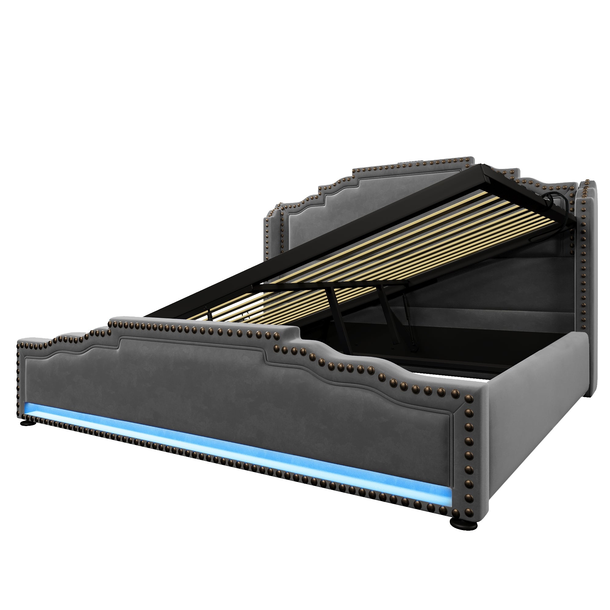 Upholstered Bed 160x200, Hydraulic Storage, LED, USB-C, Velvet Grey