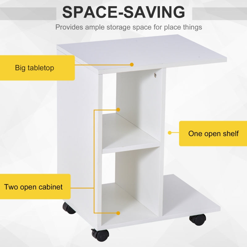 C-Shape End Table Freestanding Storage Unit with 2 Shelves and 4 Wheels, White