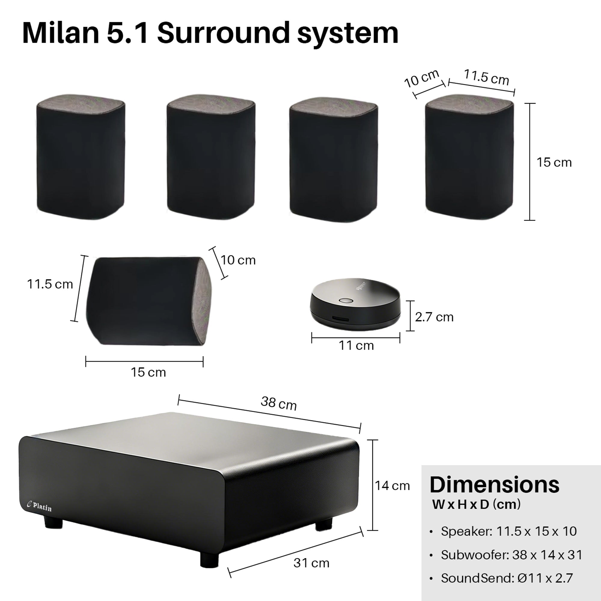 5.1 Compact Wireless Home Cinema System Milan Surround Sound Set WISA Low Latency - Black