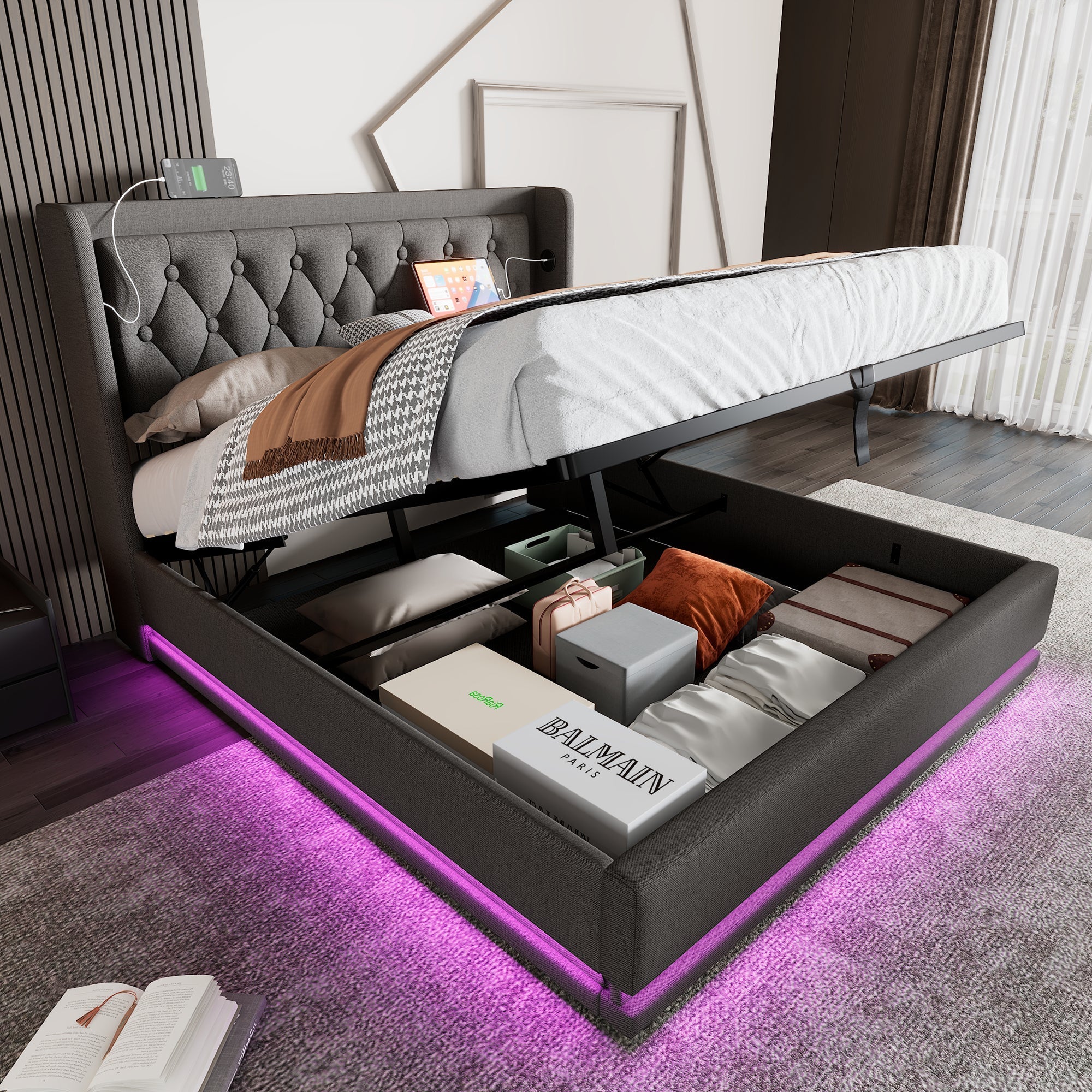 Upholstered Bed Double 140x200 cm, Hydraulic Storage, USB-C Charging, 3-Sided LED, Gray Cotton