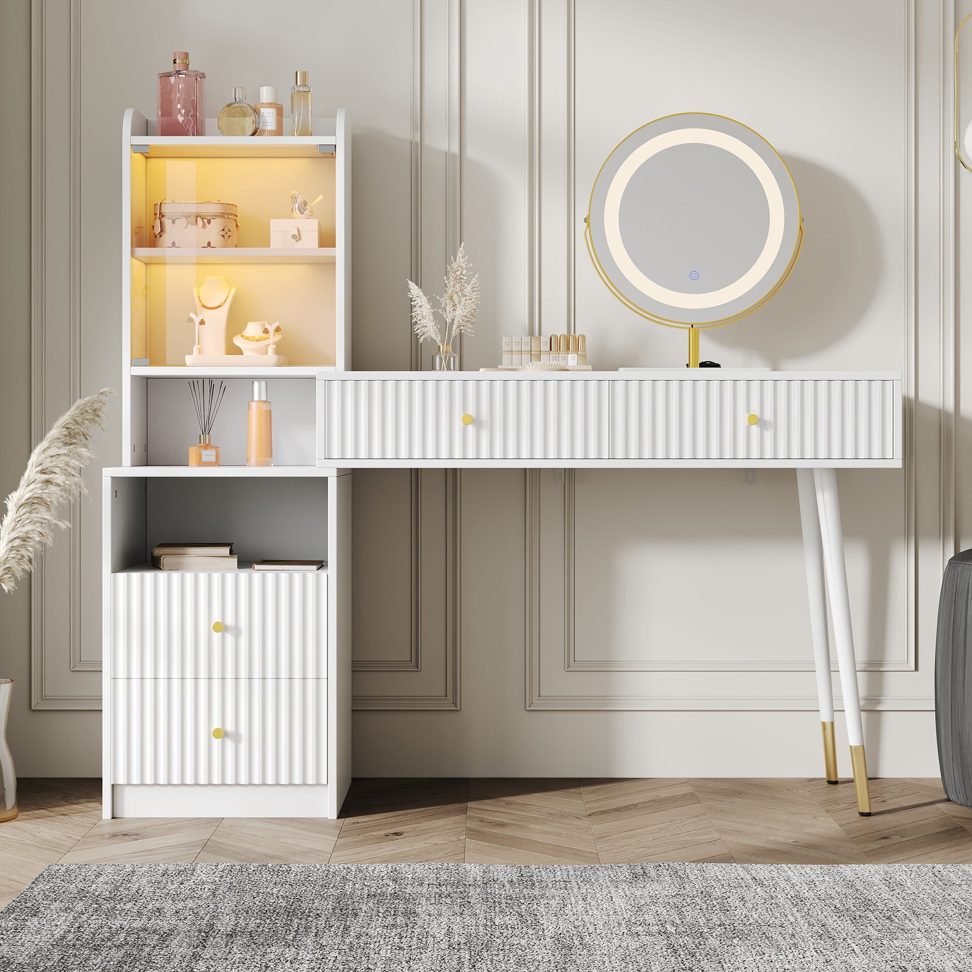 Dressing Table Set Tri-Color LED Mirror 4 Drawers Illuminated Cabinet White