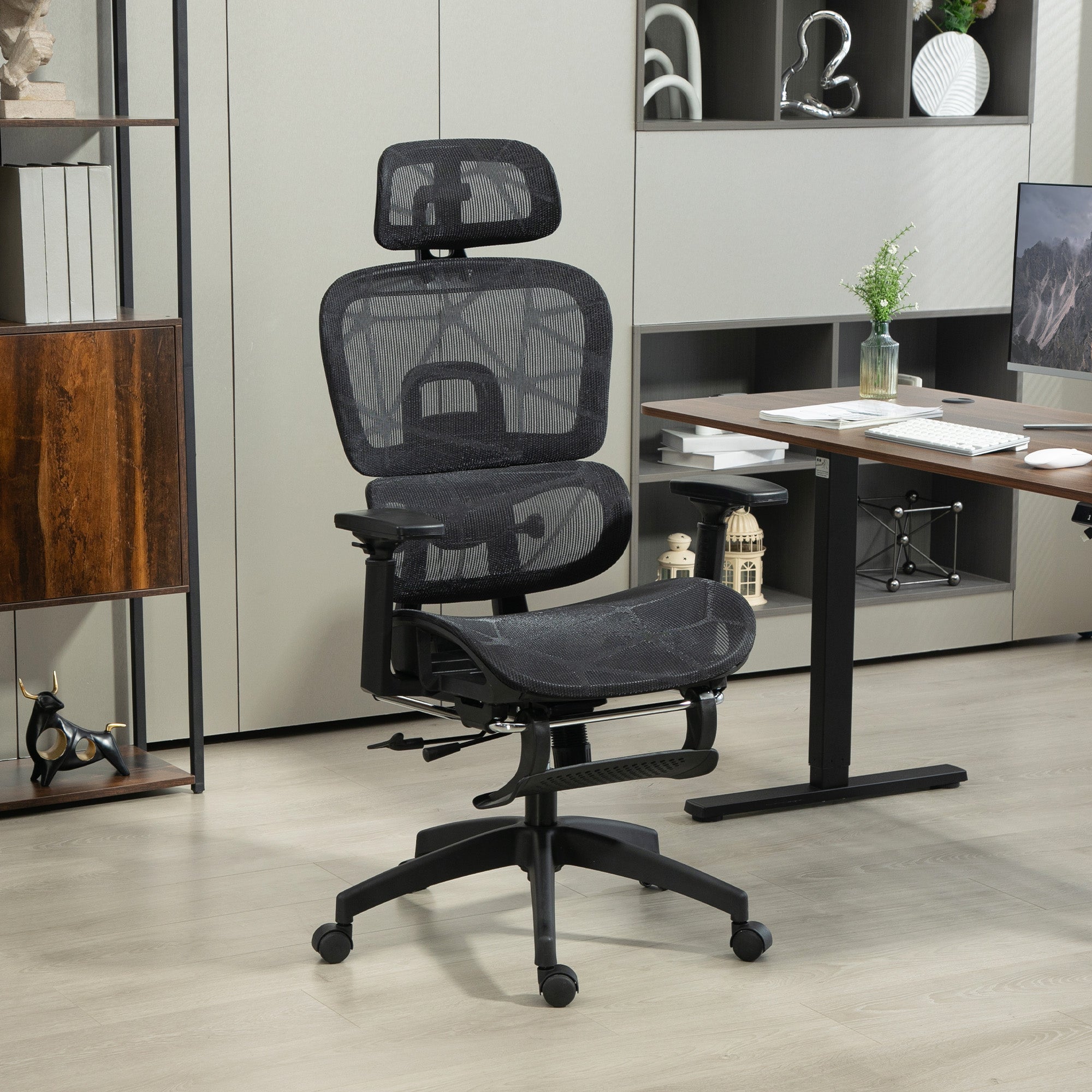 Office Chair Ergonomic Mesh Swivel Reclining Footrest, Black