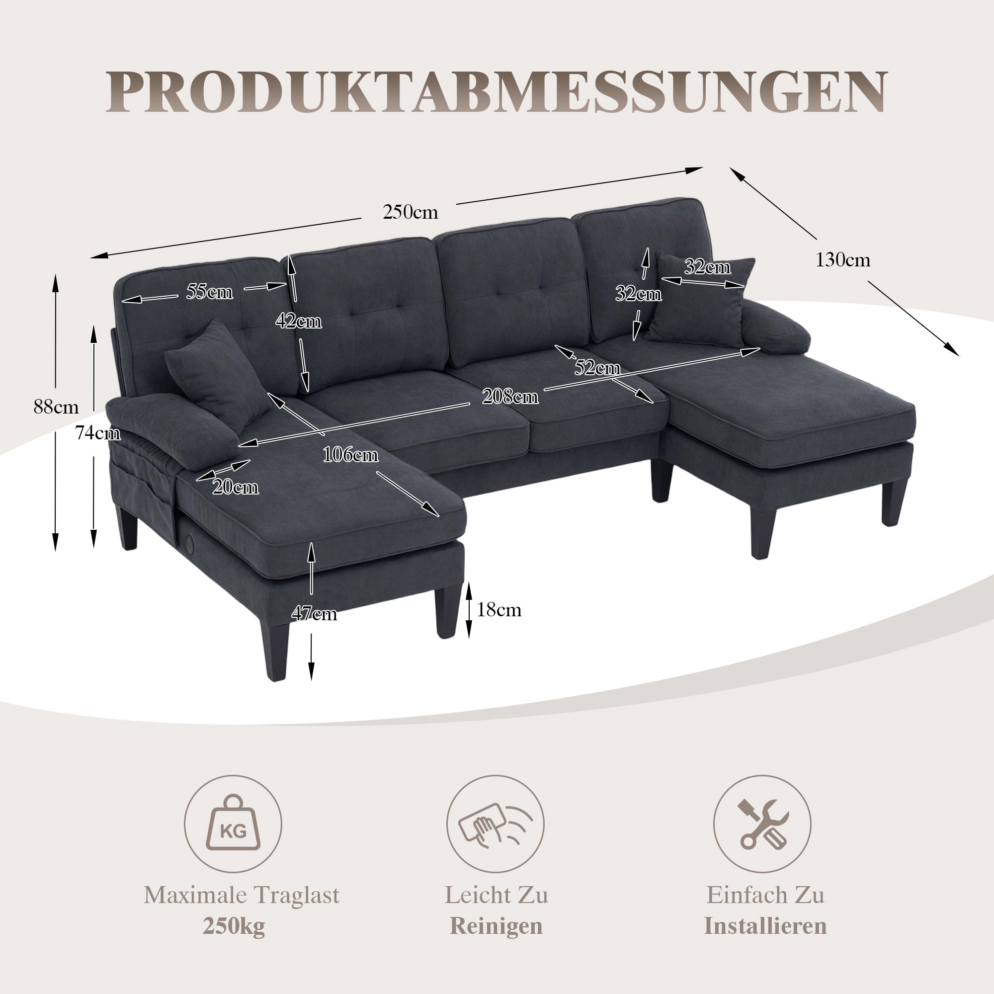 U-shaped Sofa, Large 4-Seater Two Chaise Lounges Modern, Dark Grey Linen Fabric