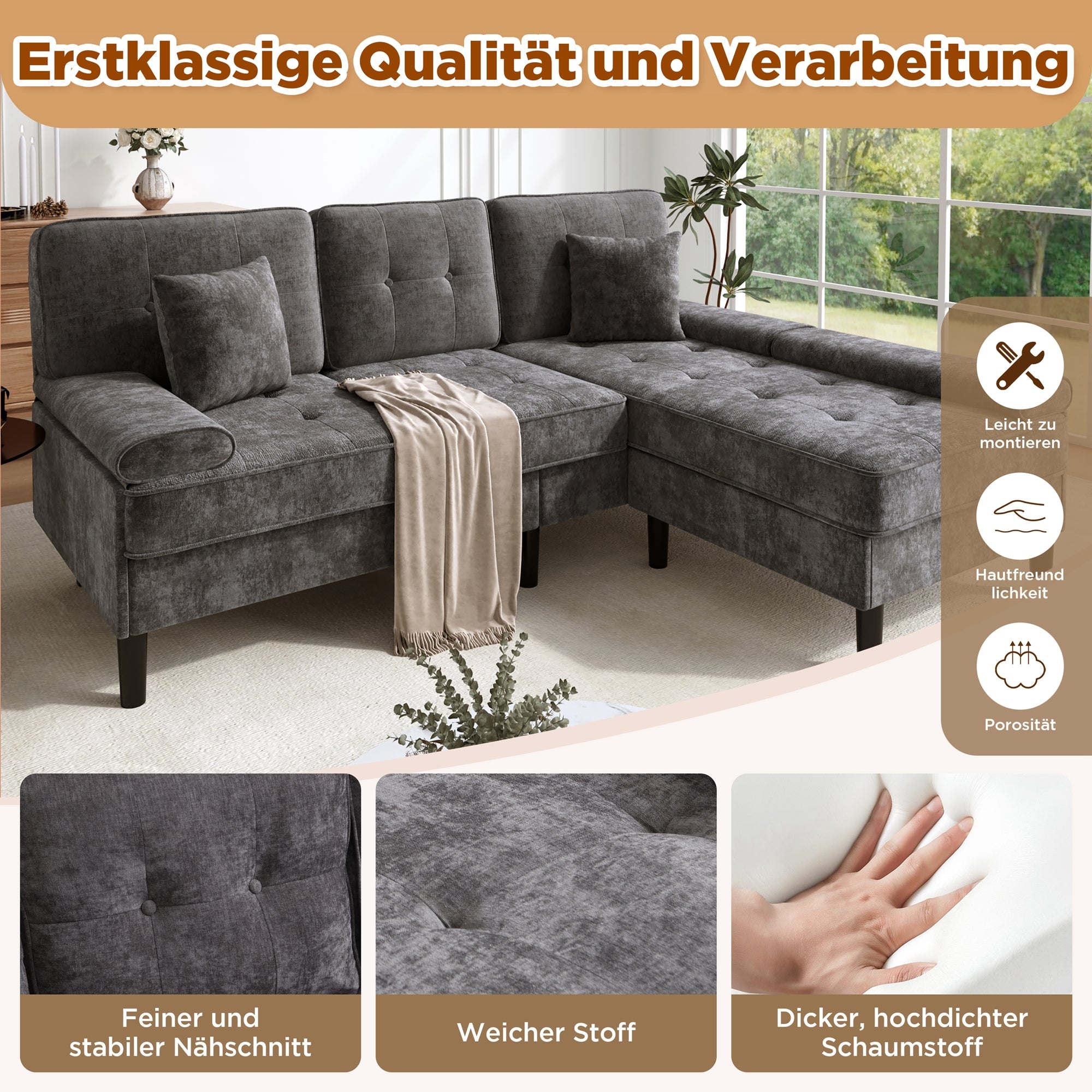 L-Shaped Corner Sofa with Sleeping Function and Movable Footrest, Chenille