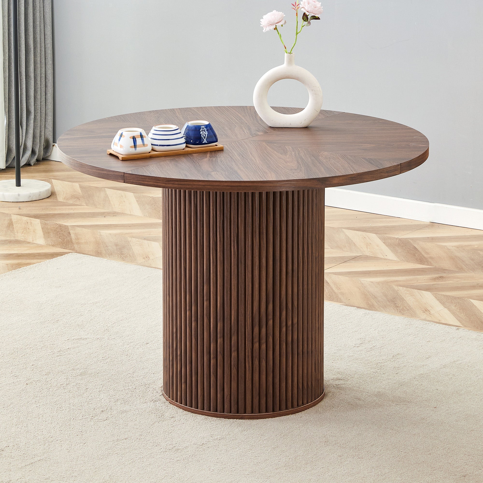 Round Dining Table 100cm 4-6 Seater Storage Cylindrical Leg - Walnut Look MDF