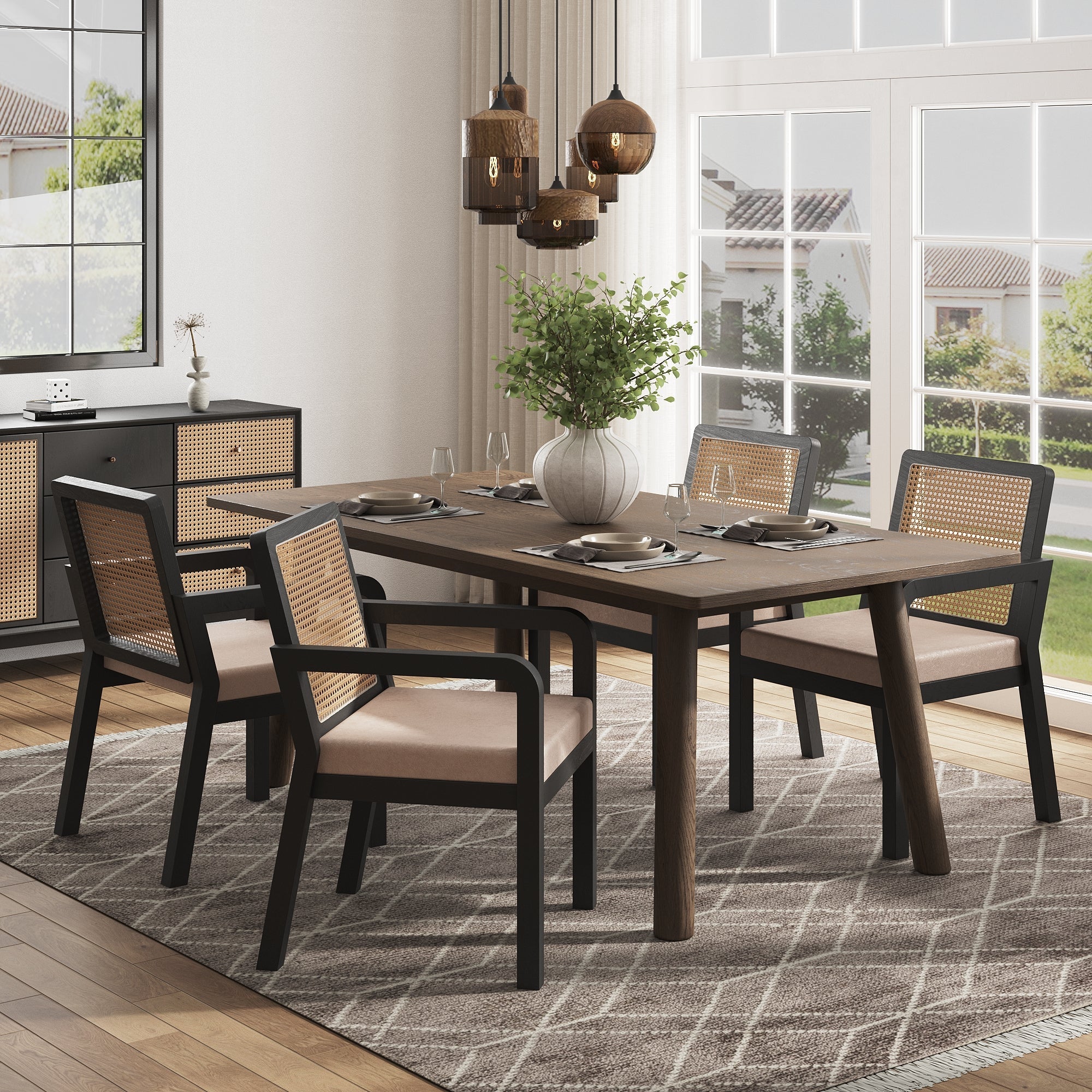 Velour Dining Chair Set of 4 Rattan Back Rubberwood Legs