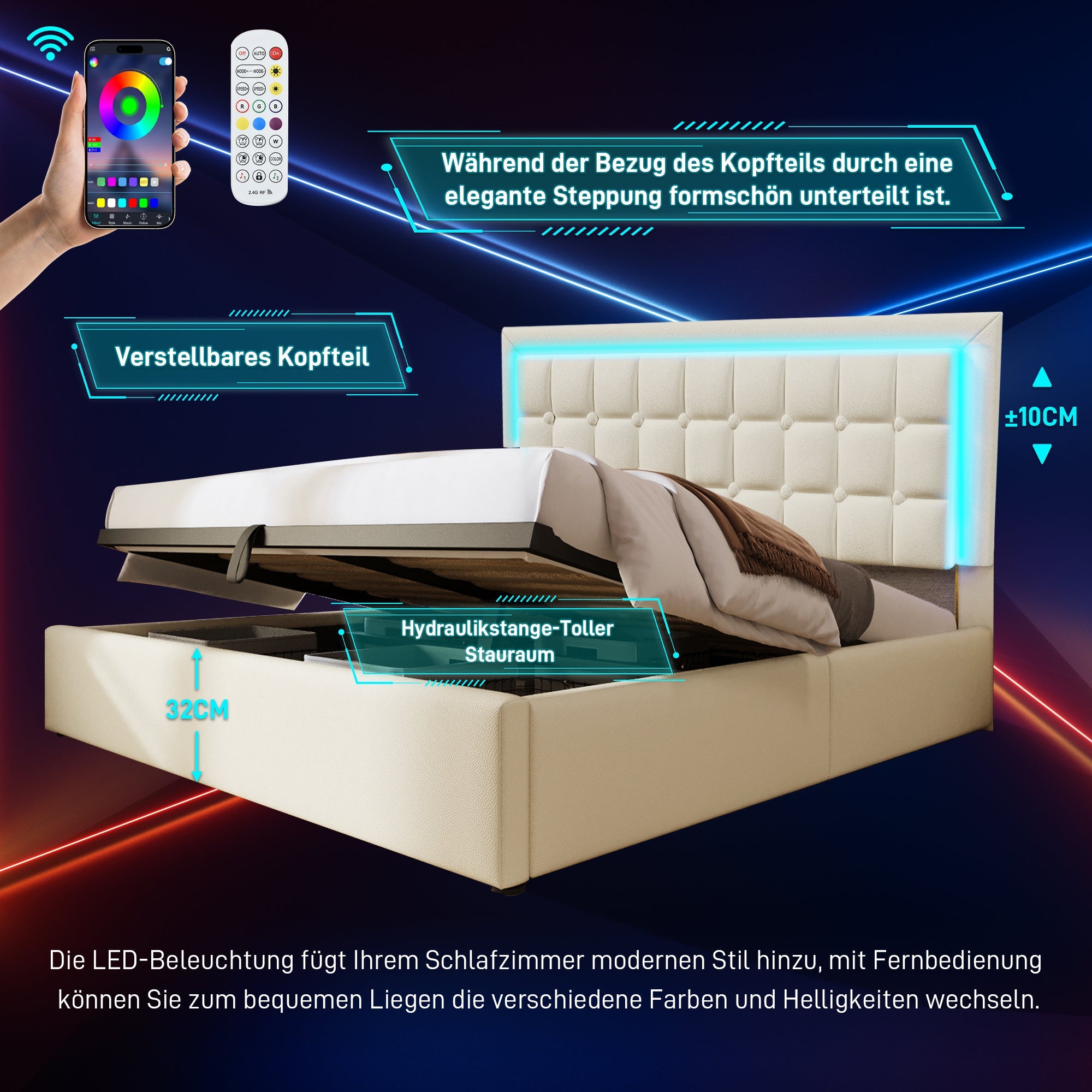 Upholstered Bed with LED Lighting, Storage and Slatted Frame, 160x200cm, White Faux Leather