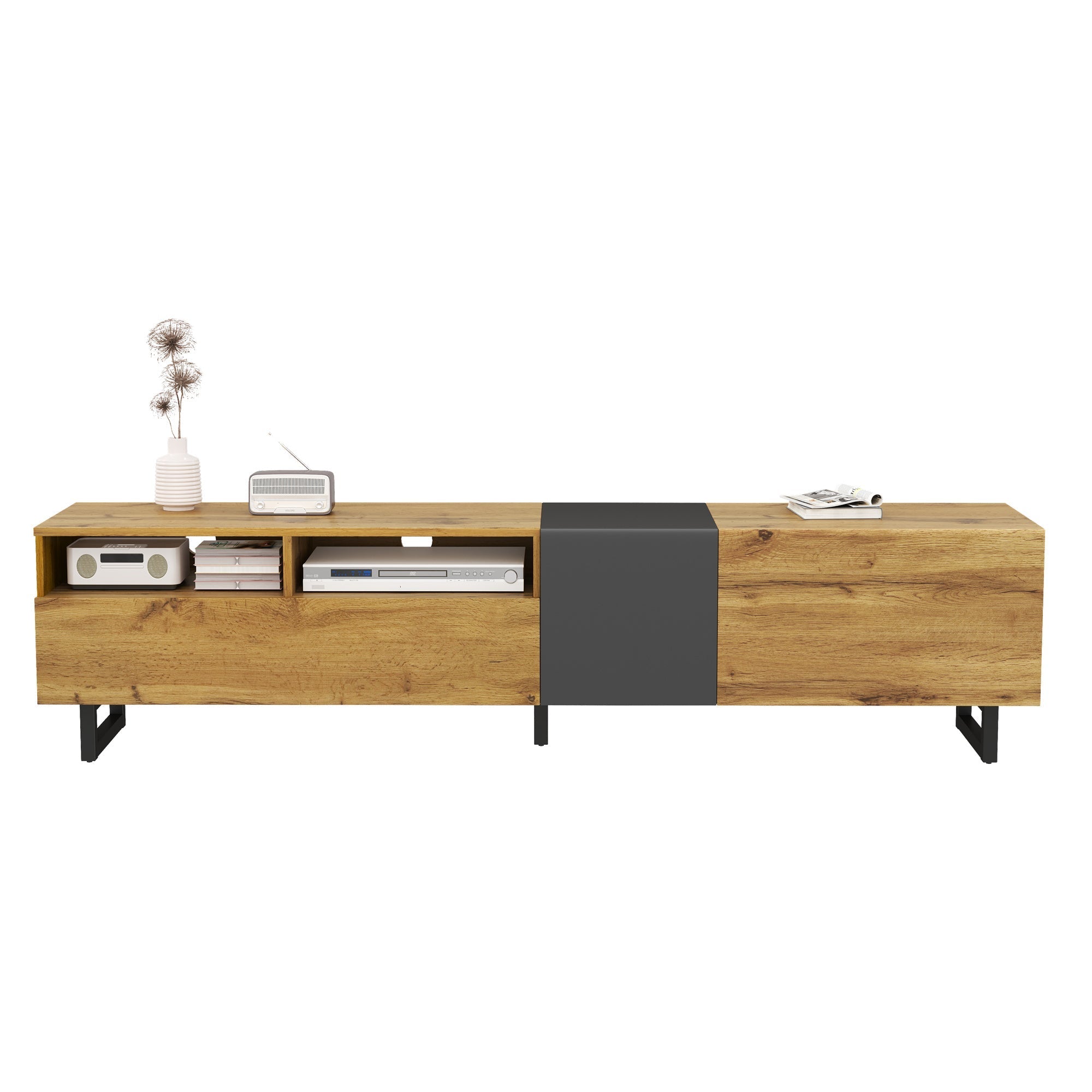 Colorblock TV Cabinet, Three Doors Two Compartments U-Shaped Legs, Retro Wood Grain