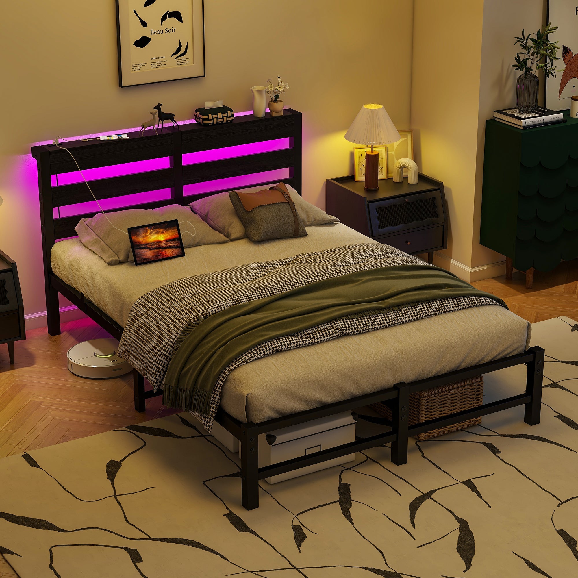 Metal Bed 120x200 LED USB Charging Under-Bed Storage - Metal