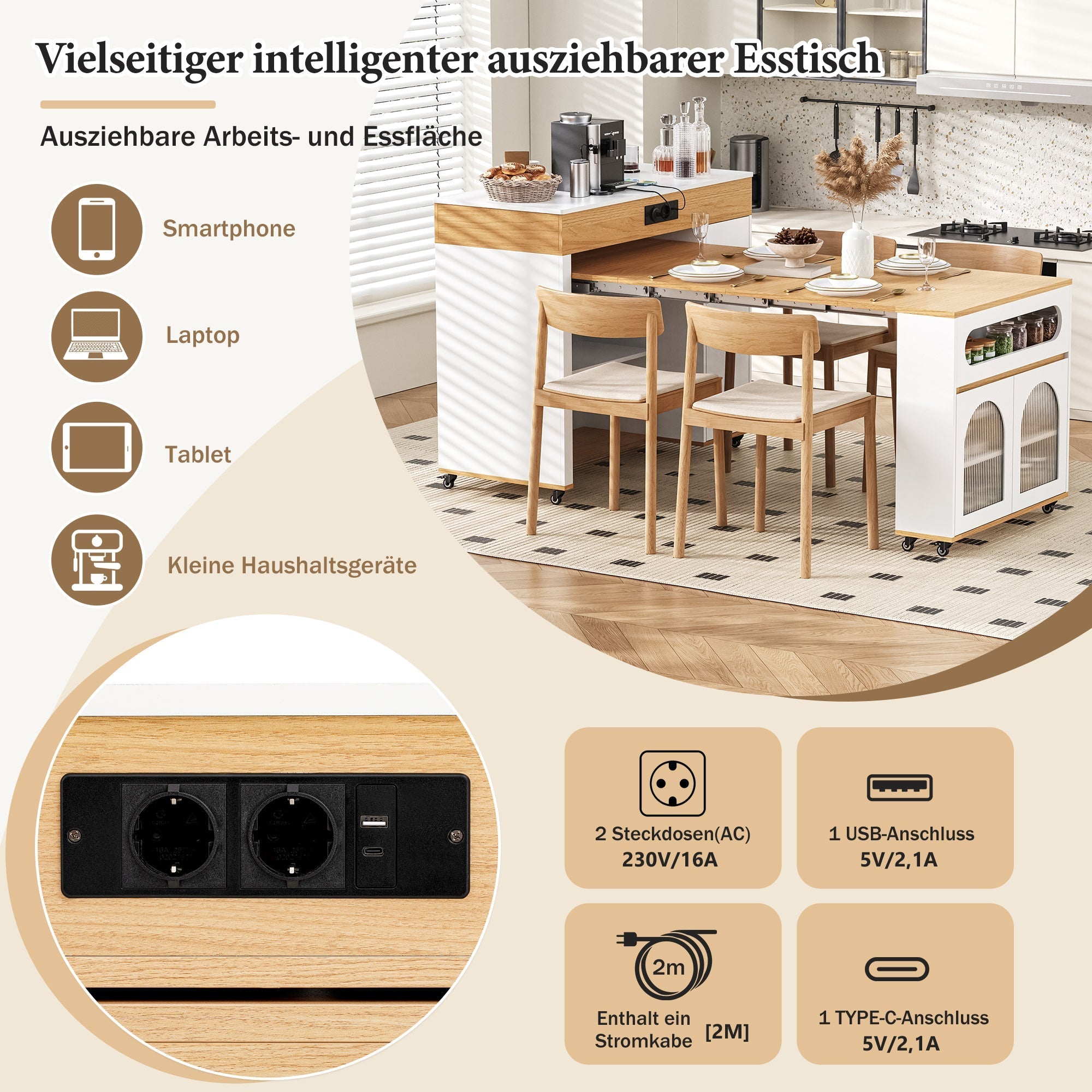 Extendable Kitchen Island Ribbed Glass Power Strip Storage White/Natural