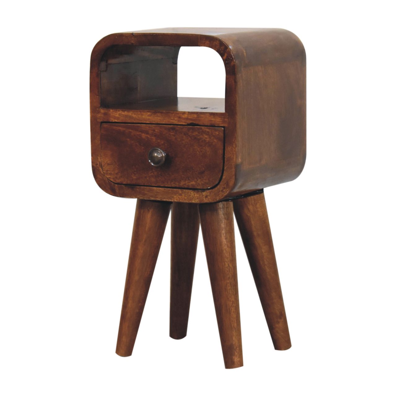 Solid Wood Extra Mini Curve Bedside, Open Slot and 1 Drawer, Dark Brown