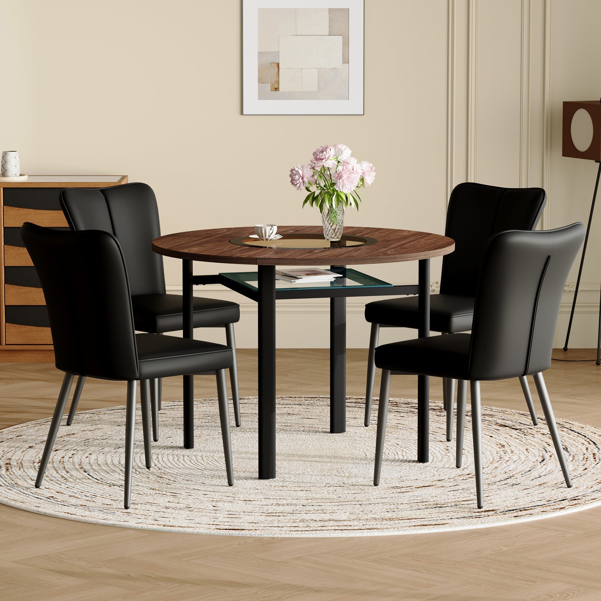 Dining Table Set Round 100cm 4 Chairs - Wood Look/Black PU