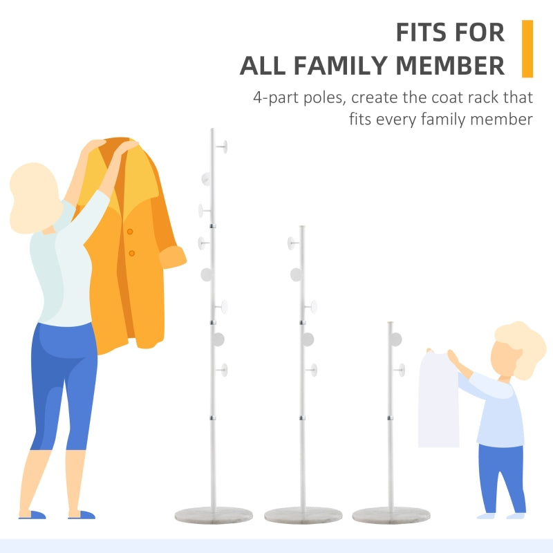 Coat Rack Free Standing Hall Tree 8 Round Disc Hooks Steel with Marble Base, White