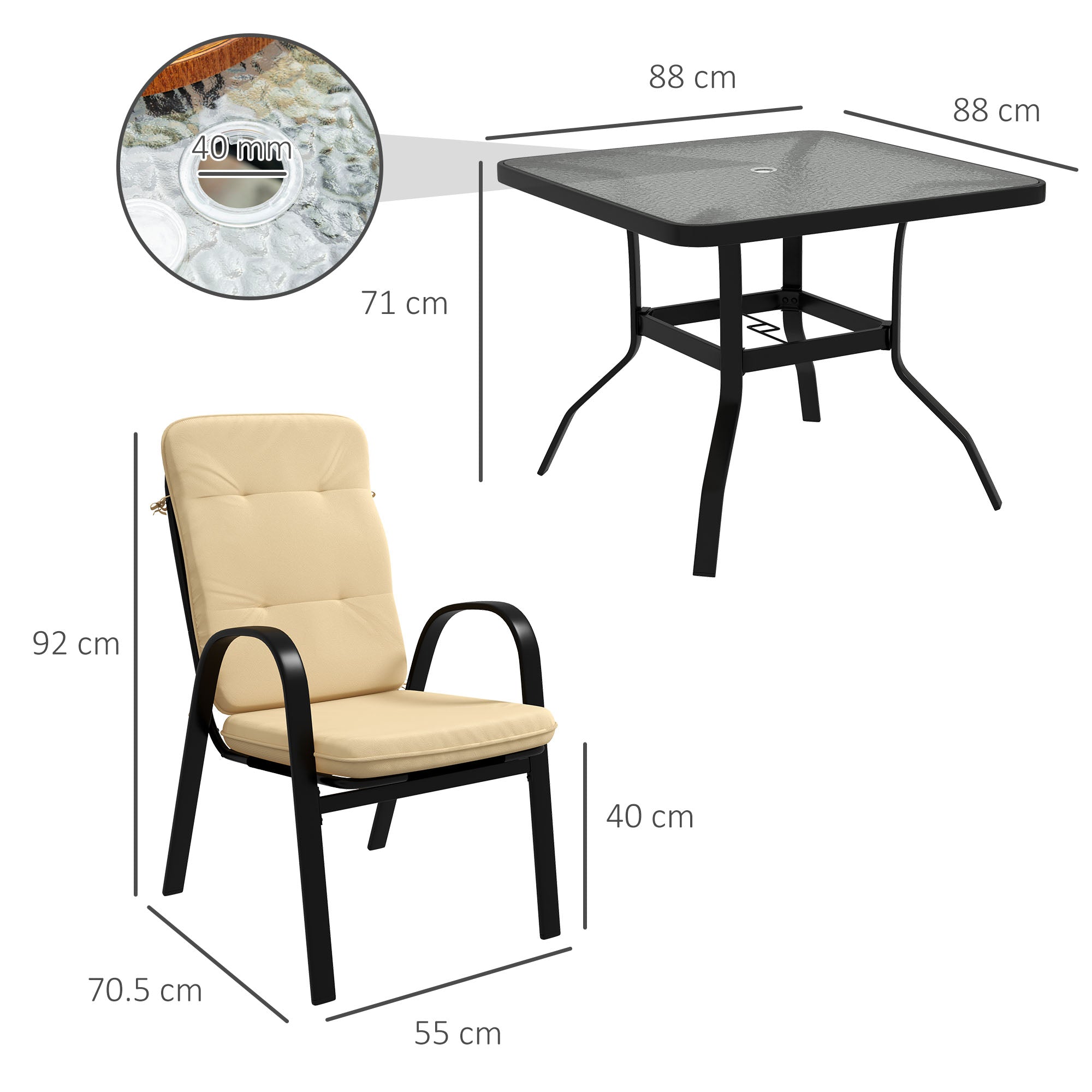 5 Piece Outdoor Square Dining Set with Tempered Glass Table and 4 Cushioned Chairs, Beige