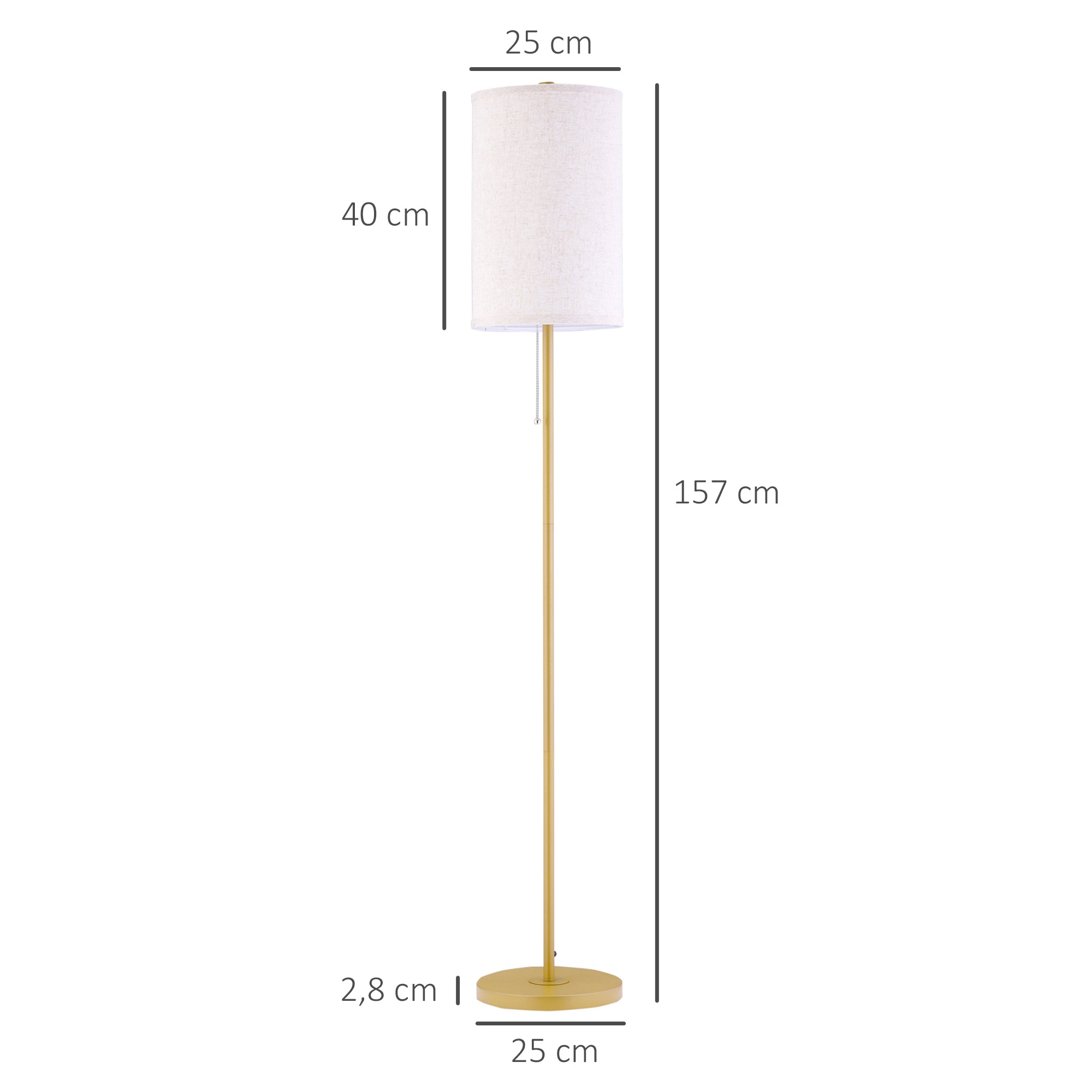 Floor Lamp, living room with linen lampshade, pull chain switch, steel stand, cream white