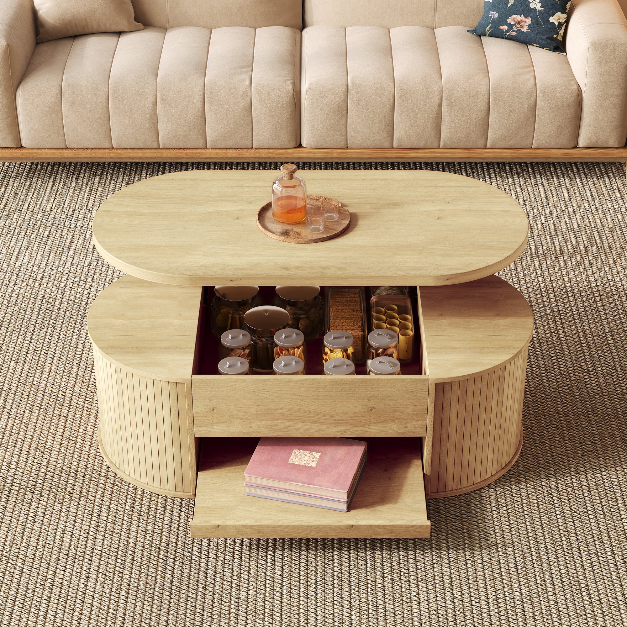 Liftable Coffee Table with Curved Wooden Sides, Extendable Shelf, Liftable Tabletop, Multifunctional Living Room Furniture