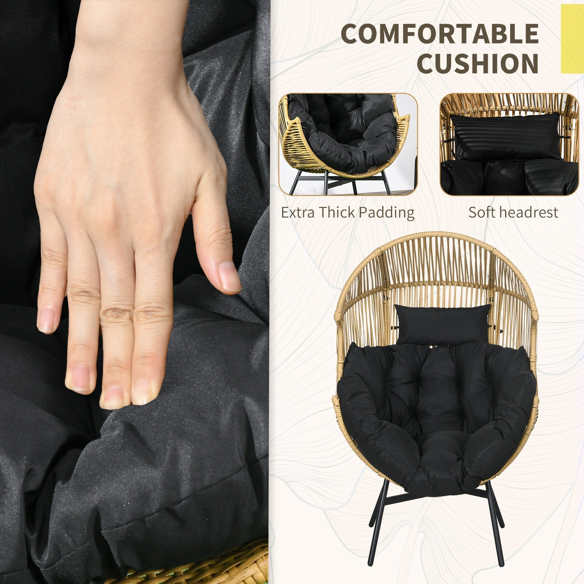 String Rattan Egg Chair with Padded Cushion, Sand/Black