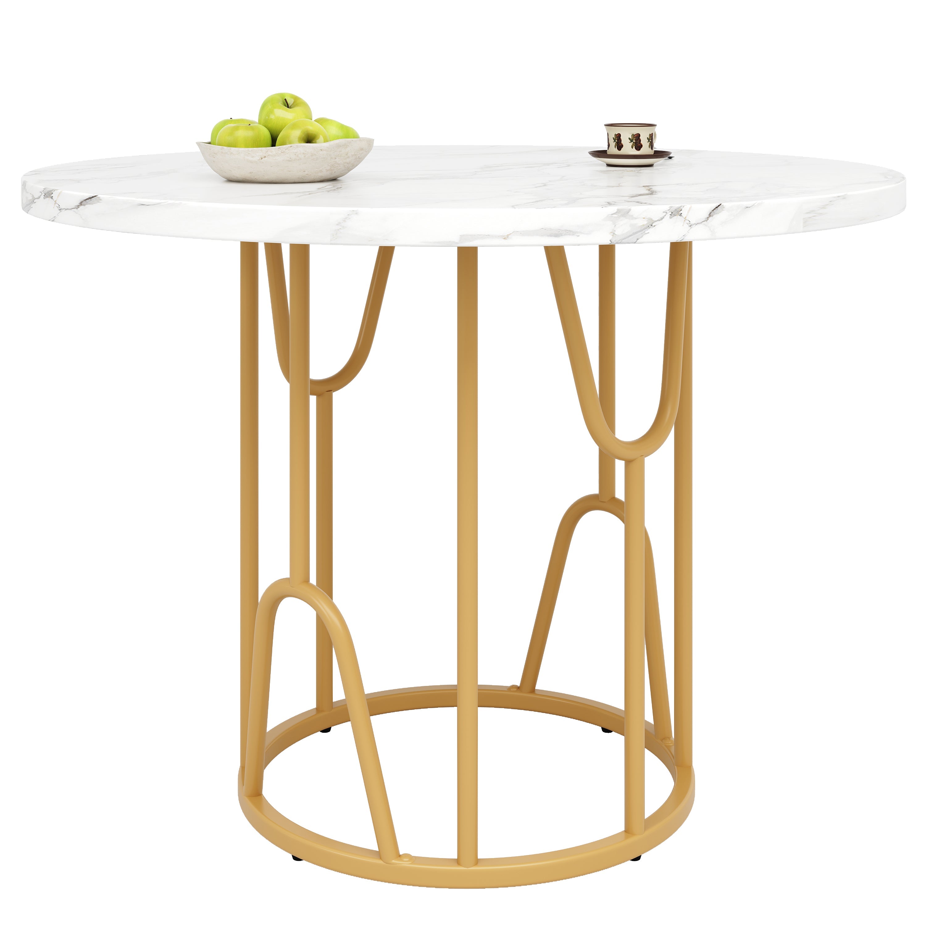 Round Dining Table 80cm 4-6 Seater Marbled MDF Gold Legs