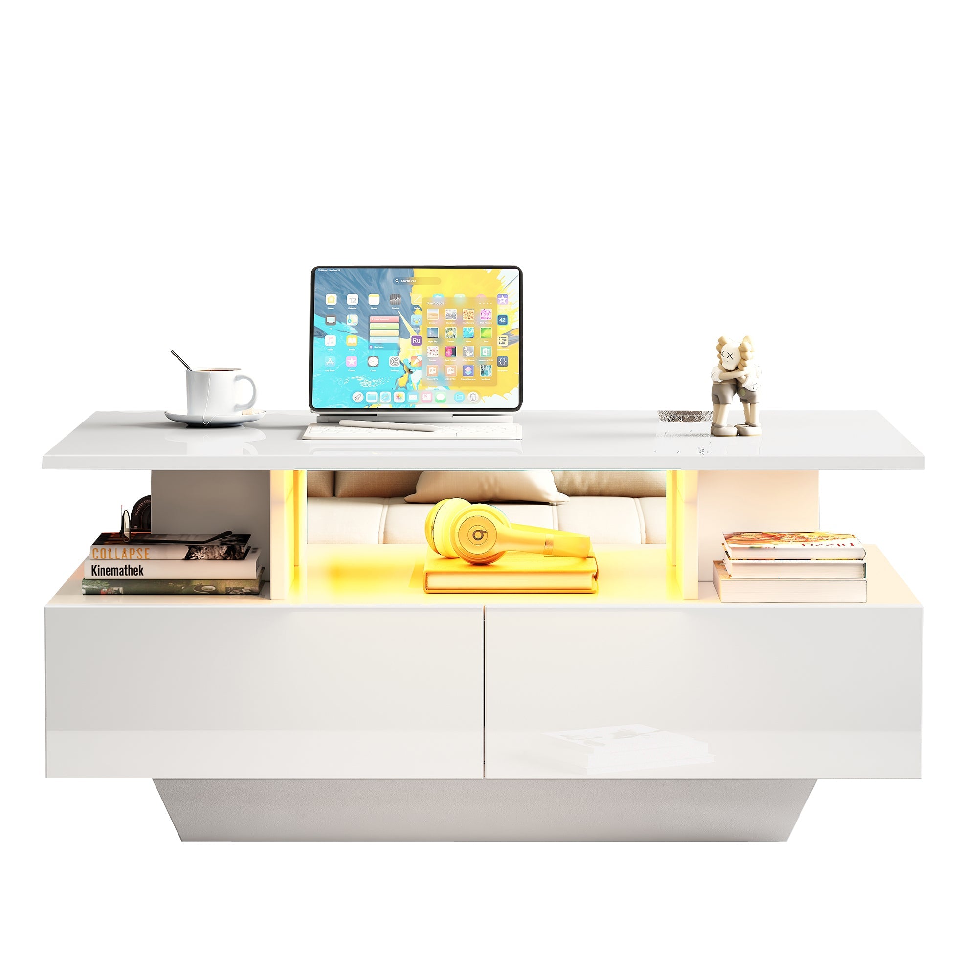 Modern high-gloss coffee table with LED lighting and 2 drawers 90x55x41 cm, 30 kg load capacity
