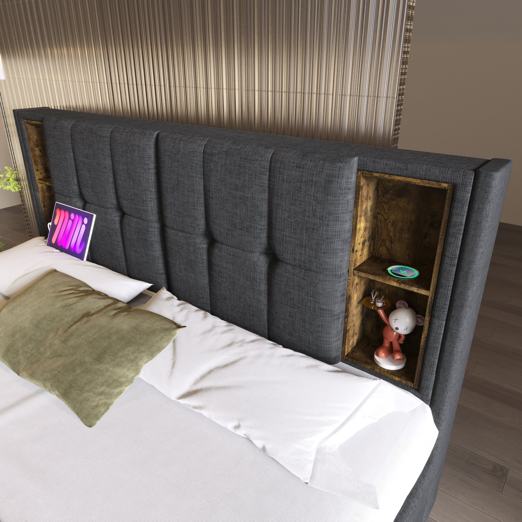 Double Bed, Wireless Charging & 4 Drawers, 160x200cm Grey Linen