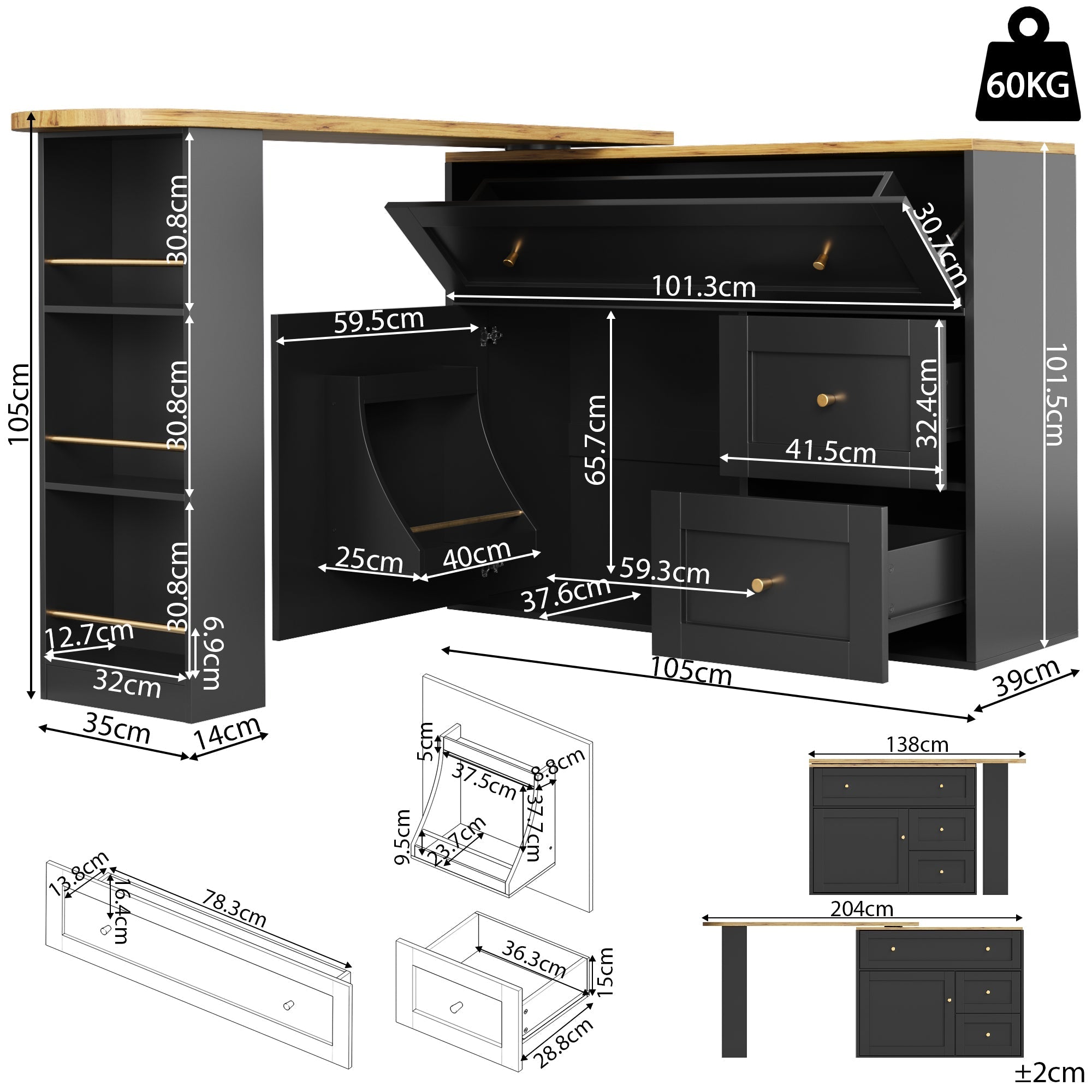 Extendable Bar Table with Storage, Snack Shelf, Kitchen Island - Black