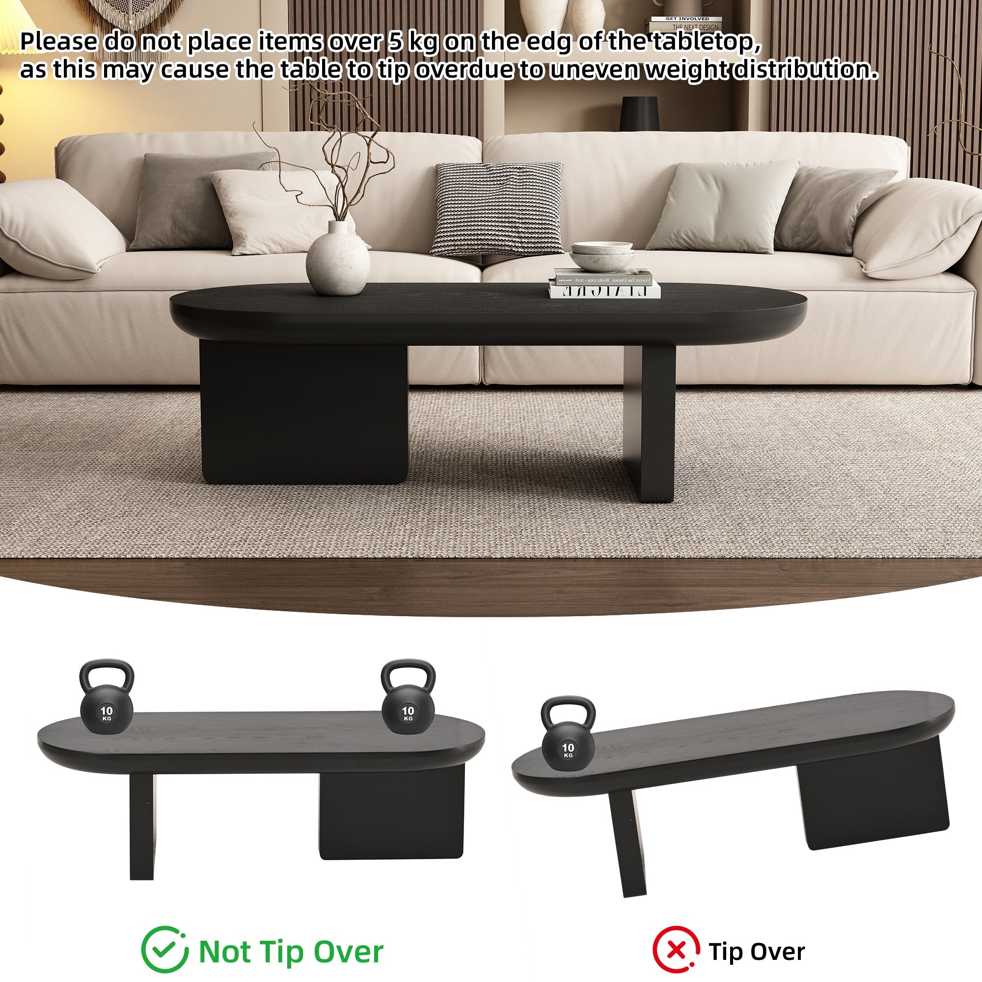 Coffee Table Oval Modern Minimalist Spray-Painted MDF Black