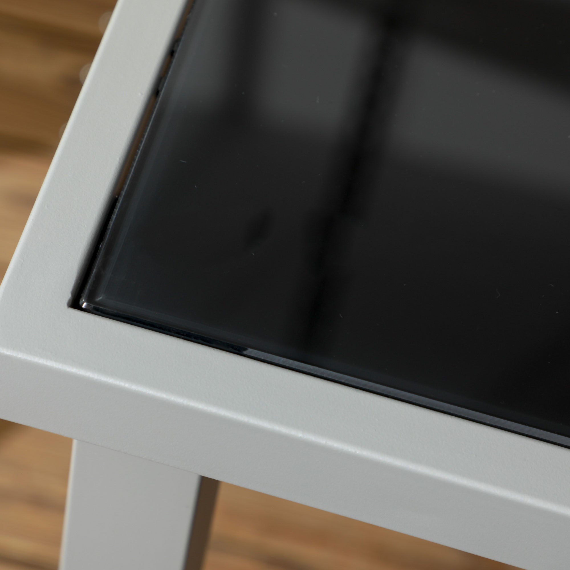 7 Piece Outdoor Garden Dining Set with Table & 6 Stackable Chairs, Steel Frame & Black Glass