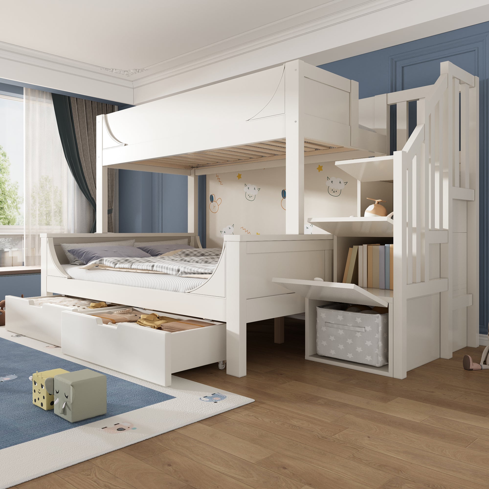 Bunk Beds for Kids, Staircase with Drawers and Storage, Solid Wood, White