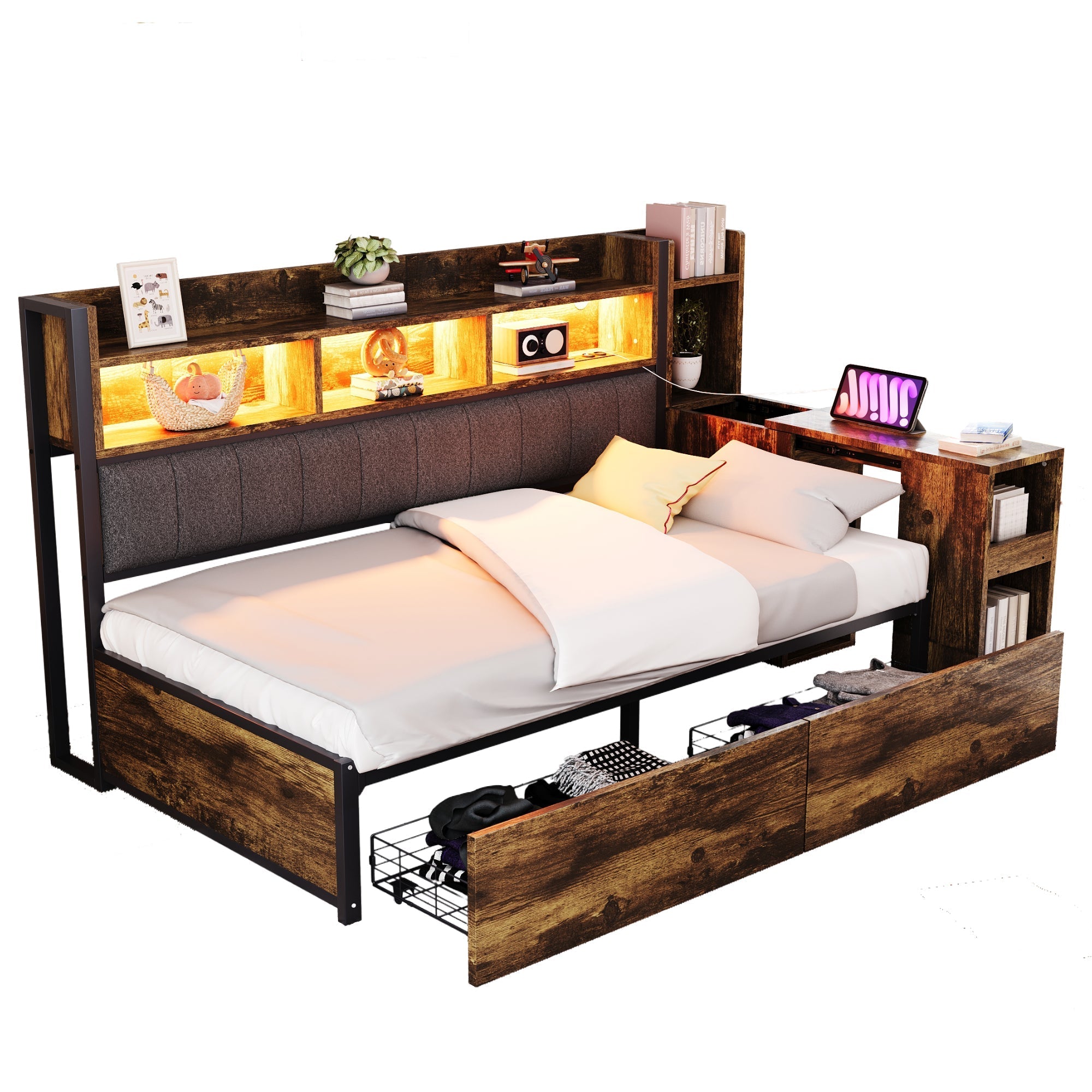 Single Bed with Movable Desk, Storage Drawers and Integrated Outlets, Metal