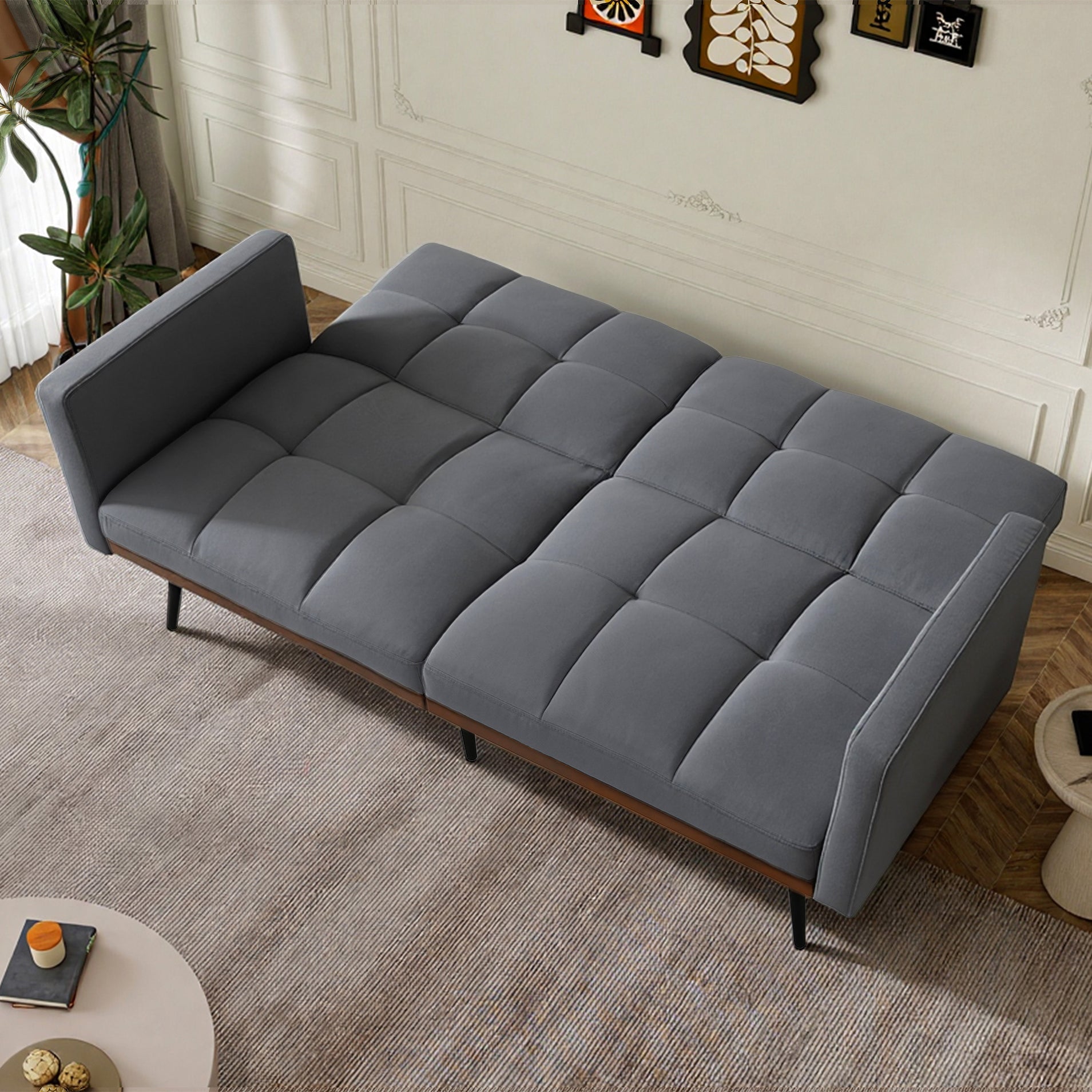 Futon Sofa Mid-Century Modern 146cm Adjustable Back Metal Legs - Linen Grey