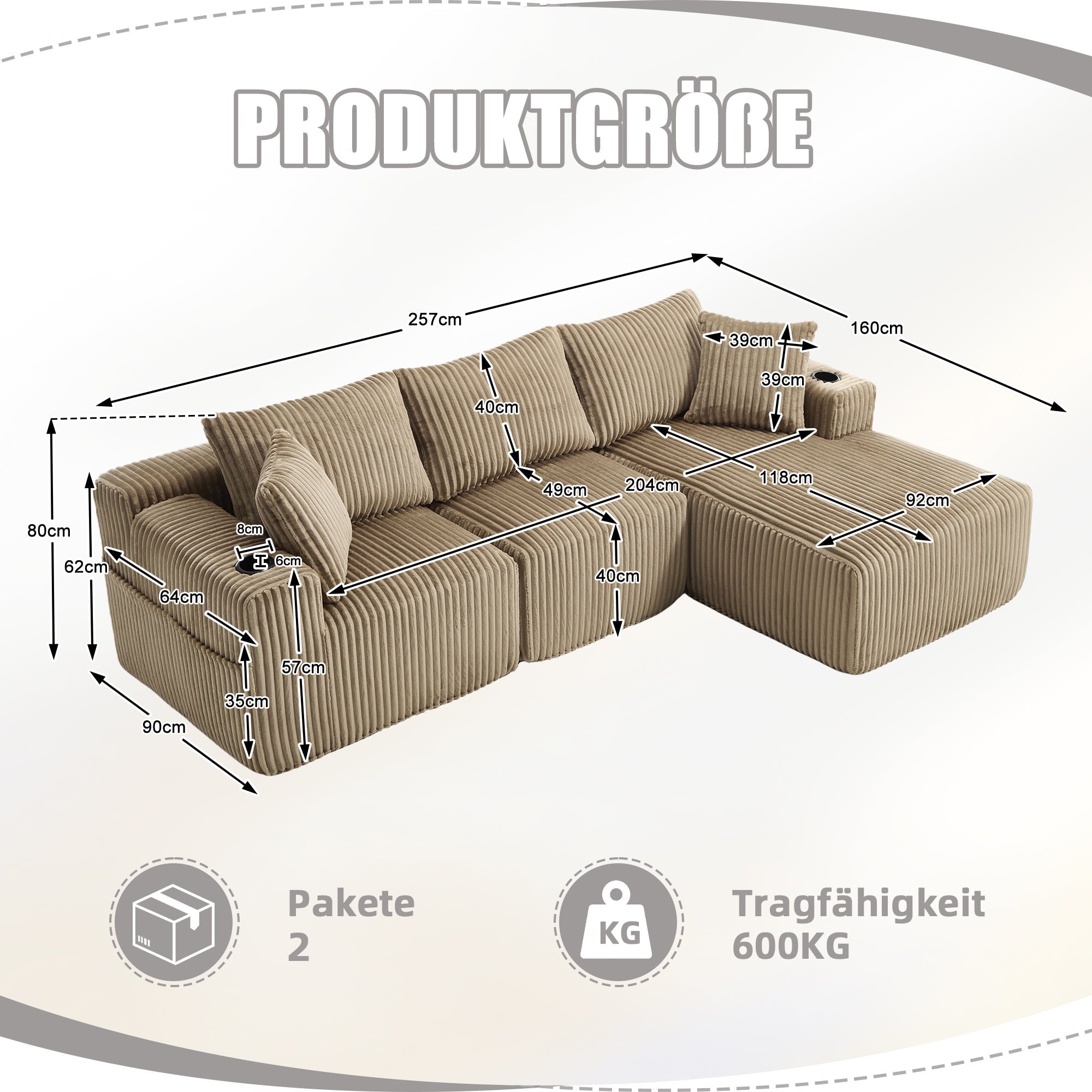 Modular Sofa Set Chaise & 2-Seater, 5 Cushions, Drink Holders, Corduroy Fabric