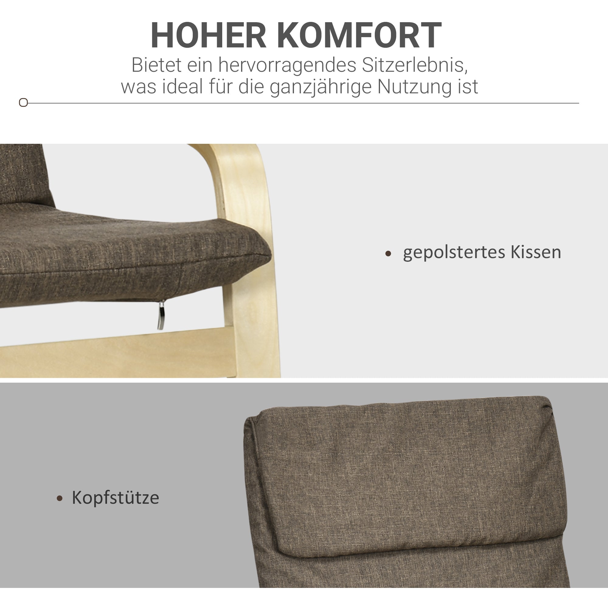 Recliner Chair, Headrest, Linen Look, Birch Wood, Brown