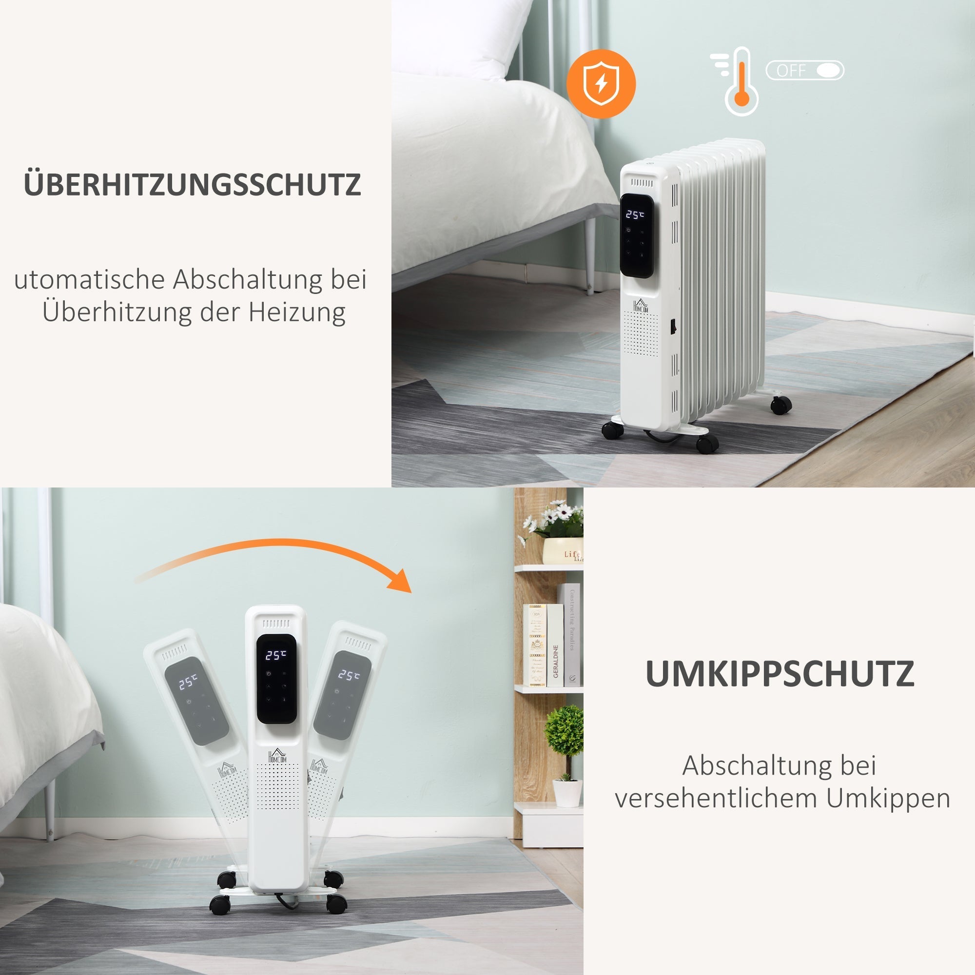 Portable Oil-Filled Radiator, 2290-2720W, 3 Heat, 24-Hour Timing, White Steel