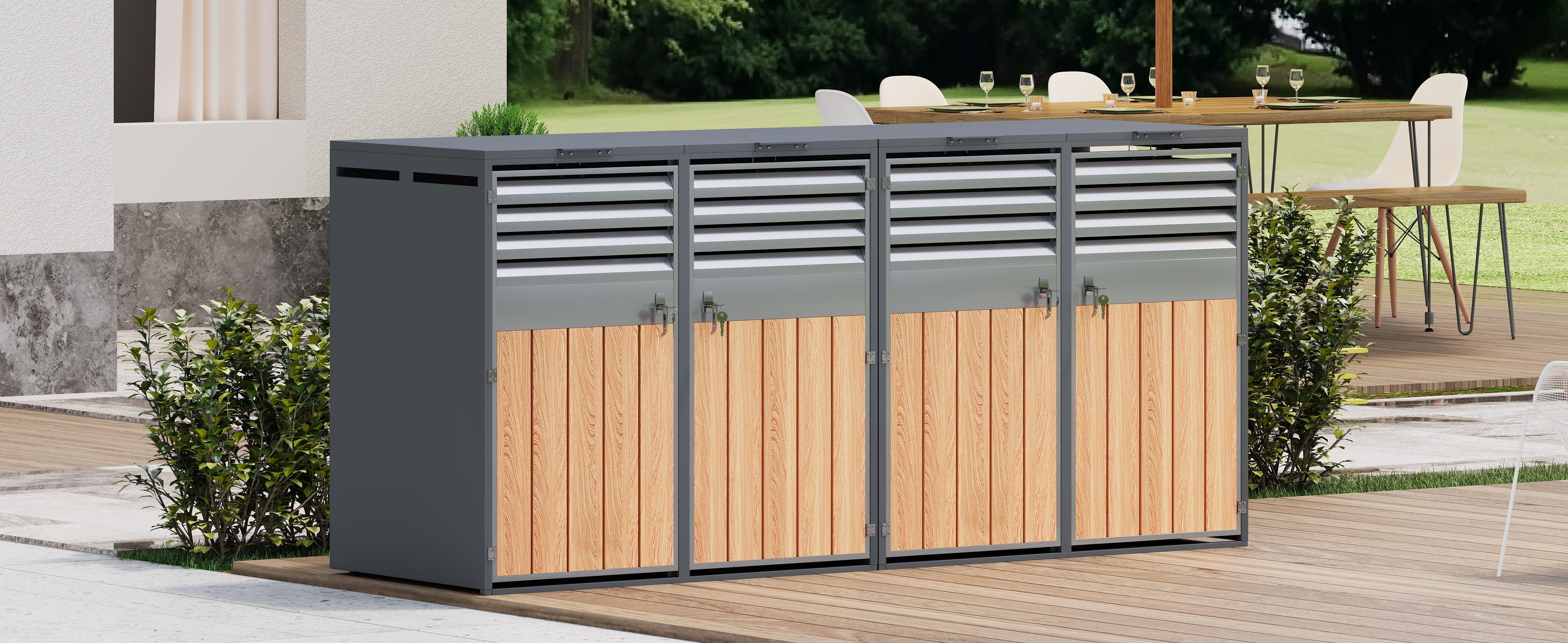 Bin Storage Box with Hinged Lid, Louvered Ventilation and 4 Lockable Doors, Metal