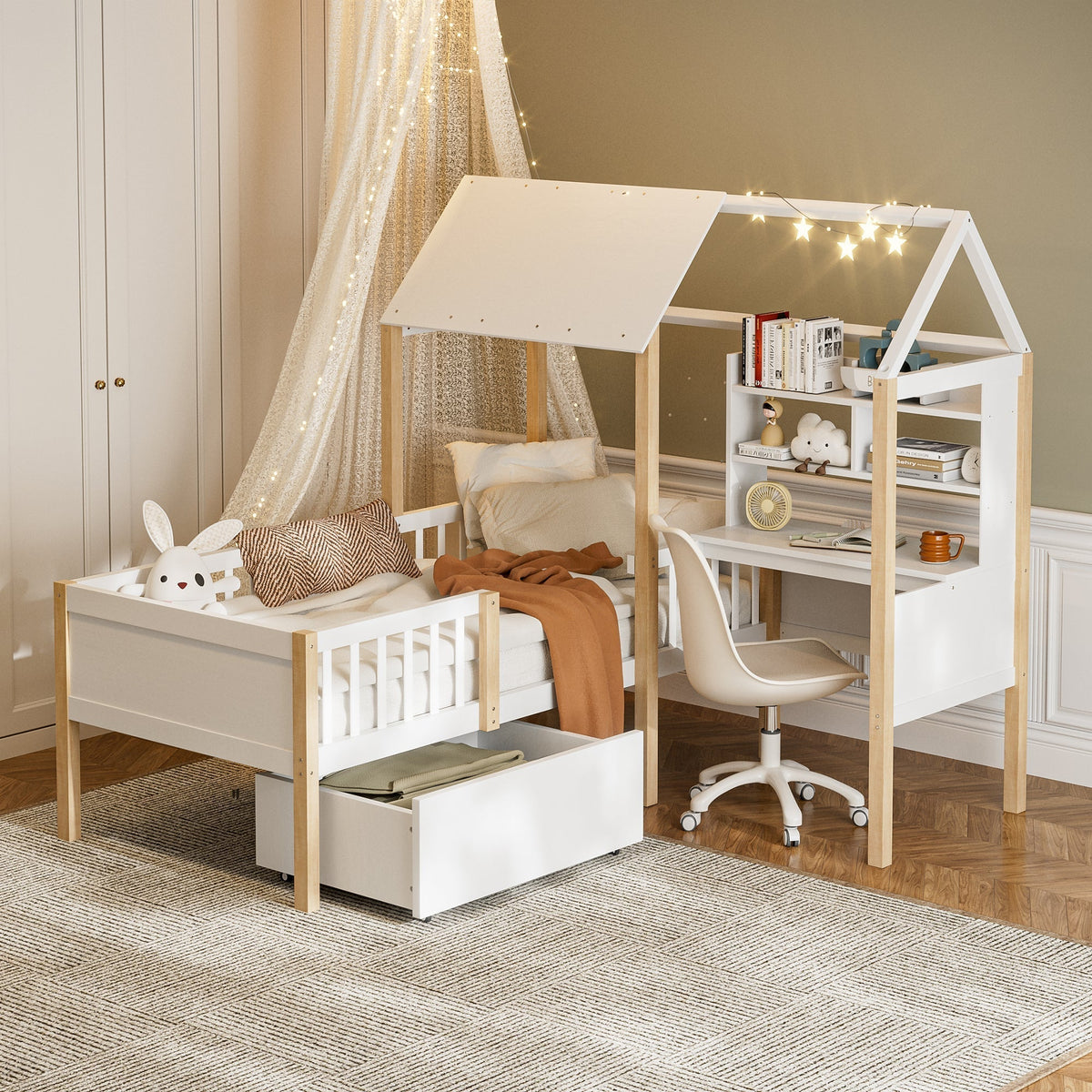 Children's House Bed 90x200cm Multifunctional Desk Bookshelf Drawers Solid Wood White