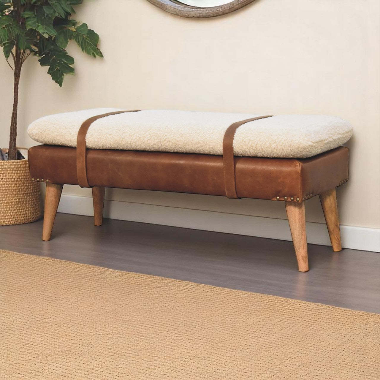 Solid Wood Bench, Upholstered Bouclé Buffalo Hide Leather, Beige