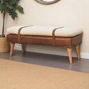 Solid Wood Bench, Upholstered Bouclé Buffalo Hide Leather, Beige