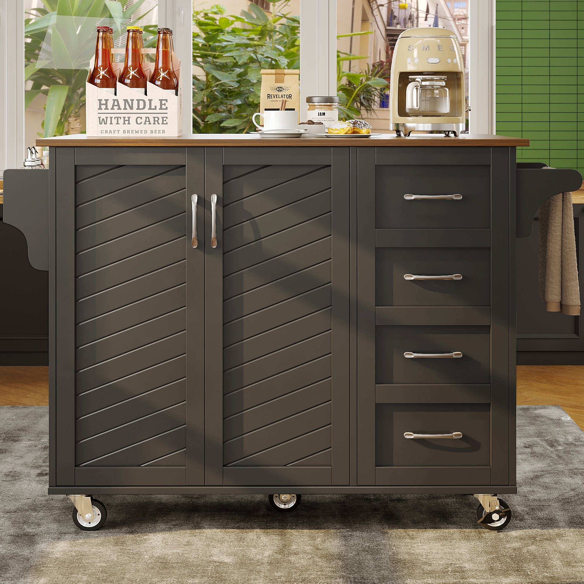 Kitchen Trolley Mobile Storage Striped Doors Towel/Spice Rack - Black