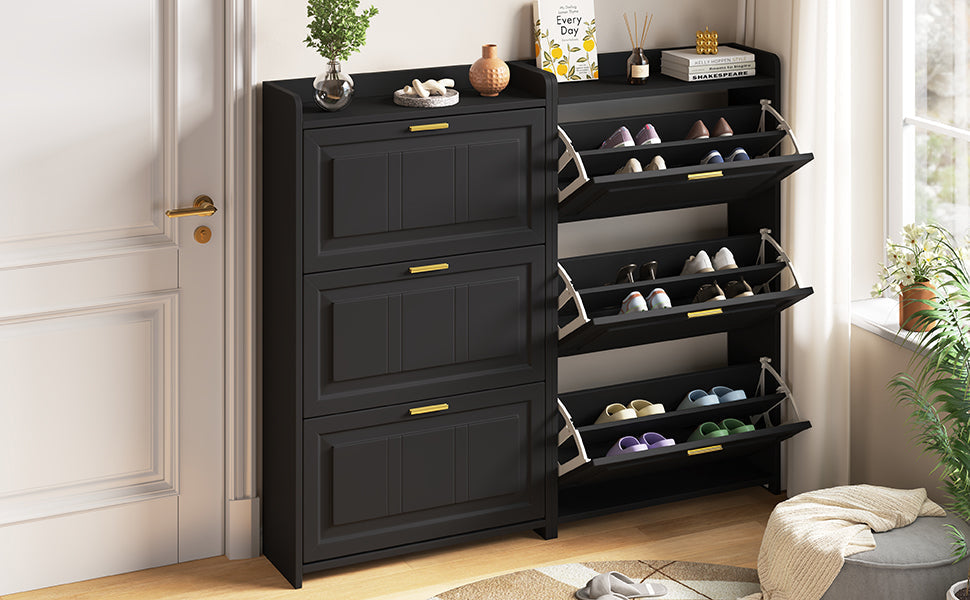 Shoe Cabinet Set with 6 Compartments and 2-Piece Design, Black MDF and Chipboard