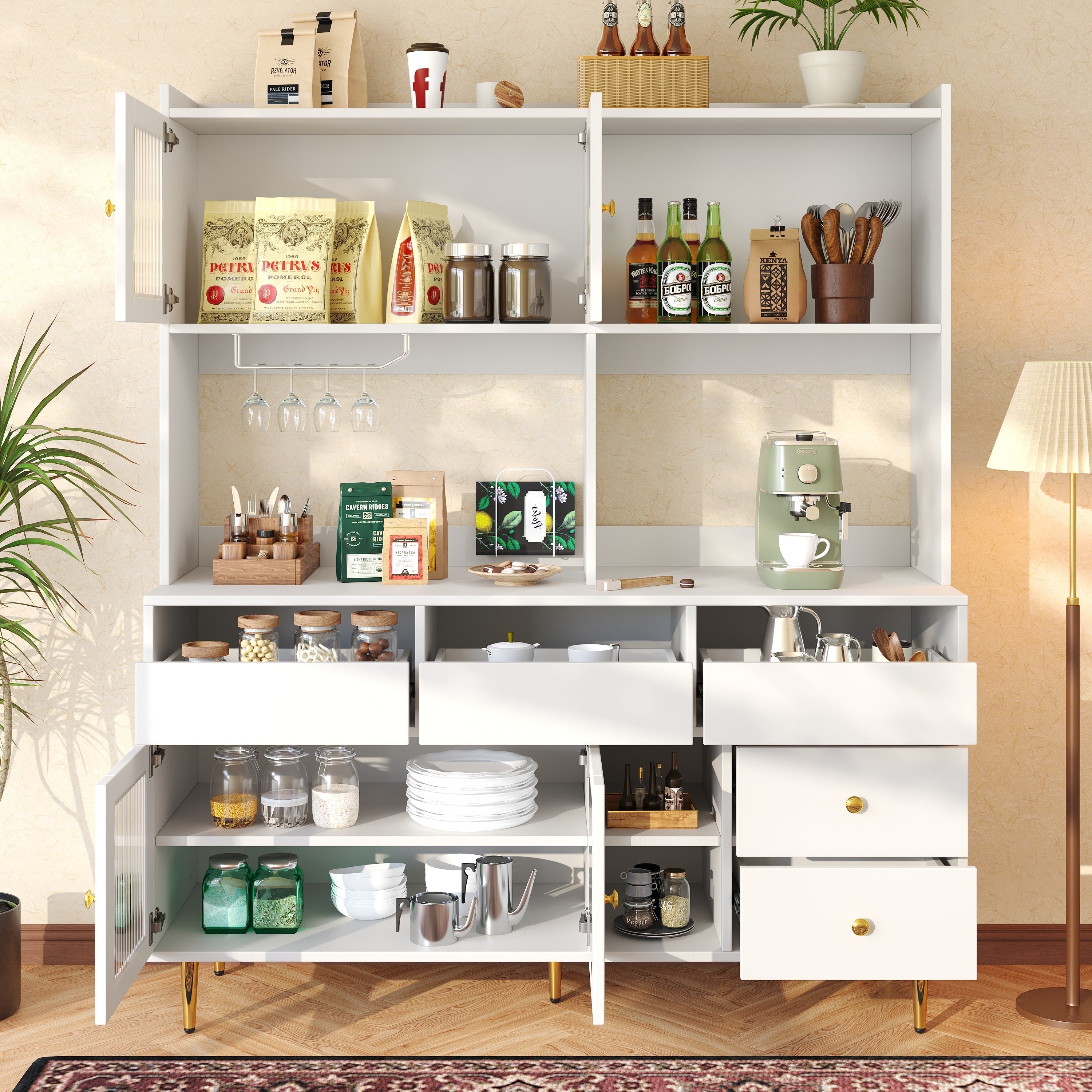 Dining Room Cabinet, Minimalist with Glass Doors & Wine Glass Shelves, White Gold Accents