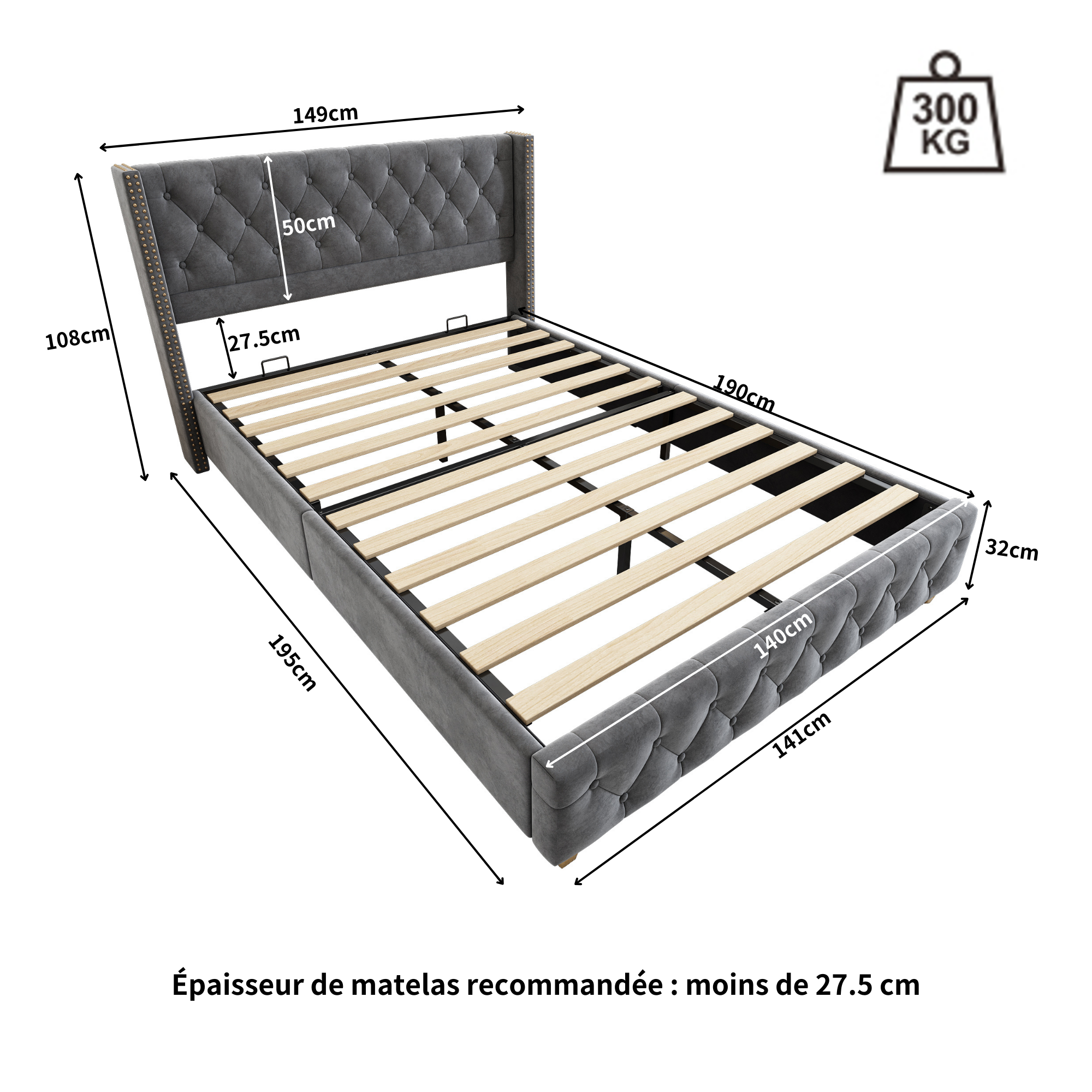 Lit rembourré 140x190cm Tête de lit Sommier à lattes Boutons Rivets Pieds en bois Velours gris