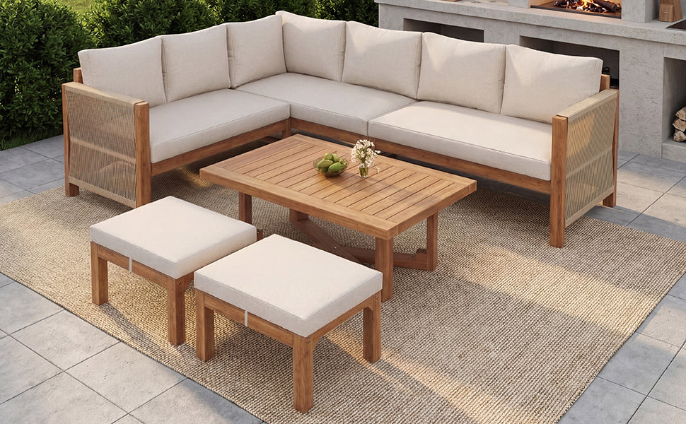 Modular Garden Furniture Set with 6-Seater Corner Sofa, 2 Stools and Table, Acacia Wood