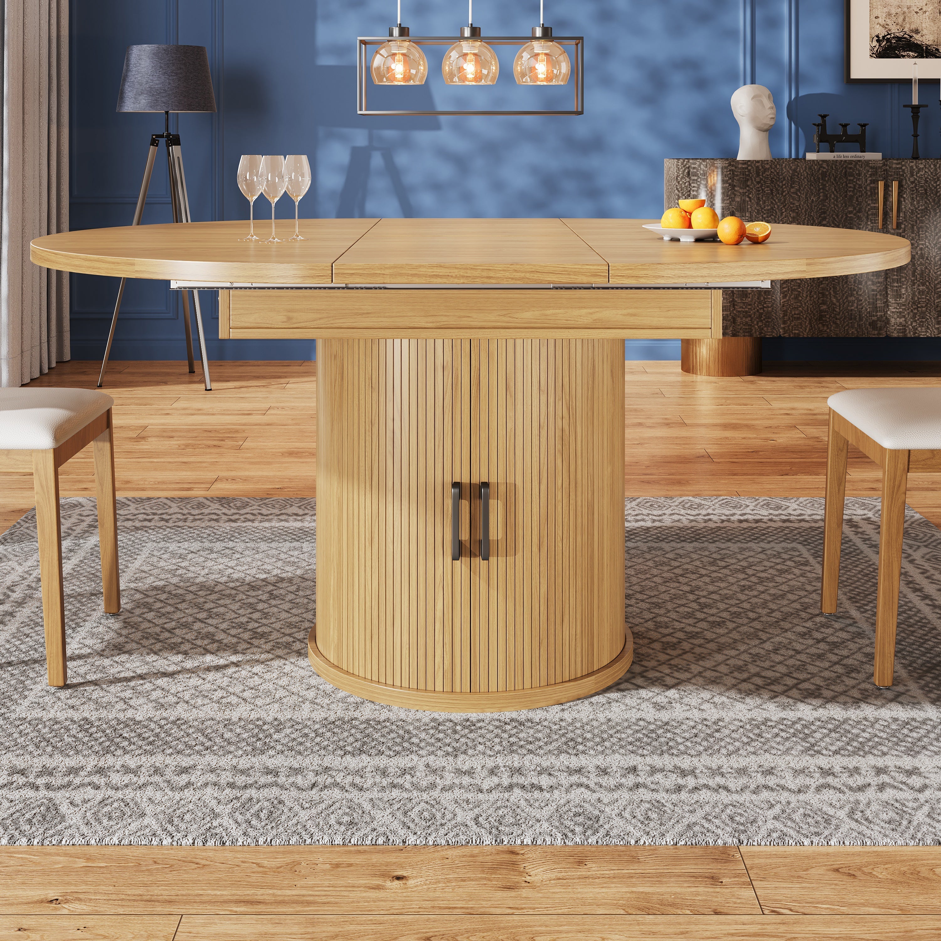 Extendable Round Dining Table, Oval Extension for 6 People, Wood Color
