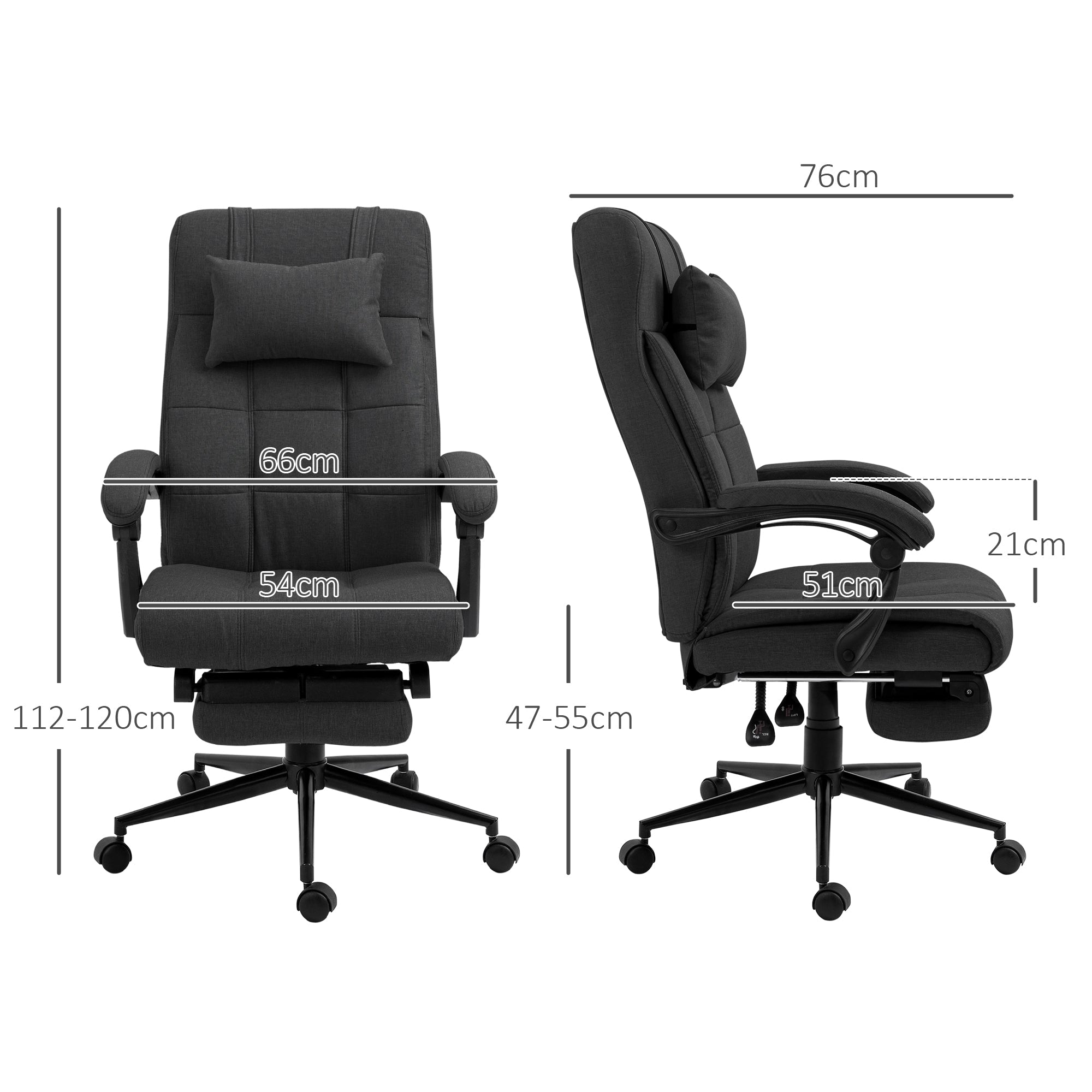 Office Desk Chair, Reclining Backrest Footrest Headrest Swivel Wheels, Black