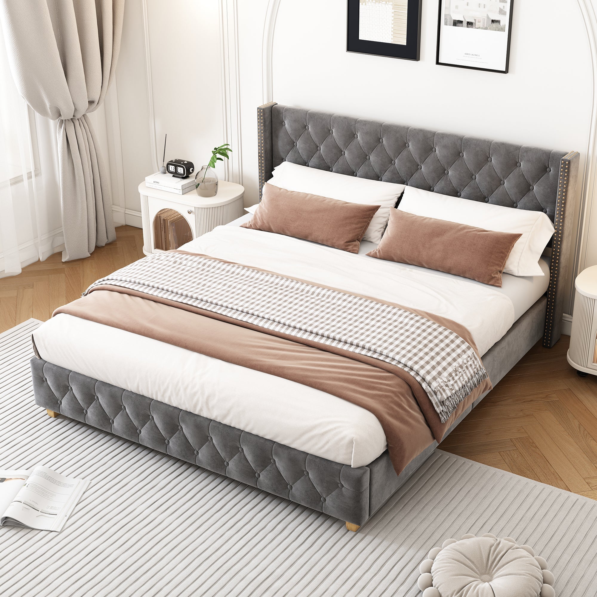 Lit rembourré 140x190cm Tête de lit Sommier à lattes Boutons Rivets Pieds en bois Velours gris